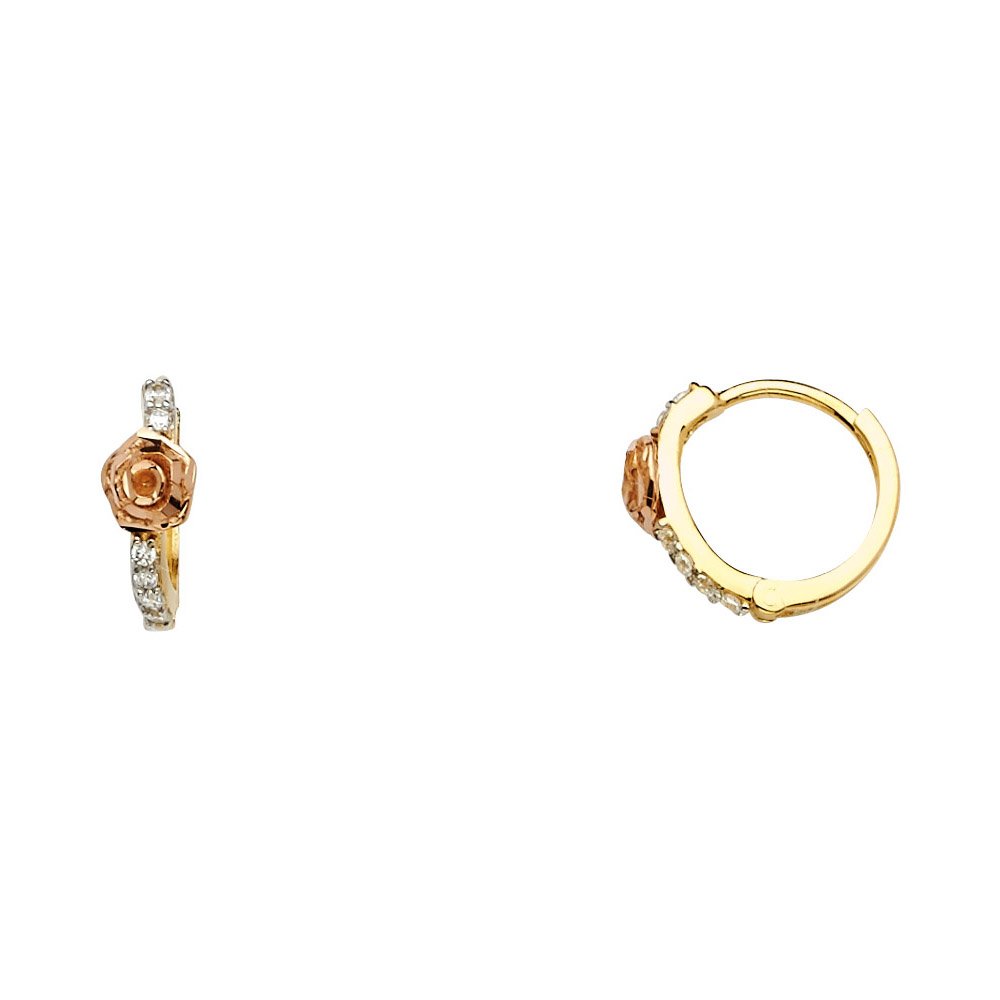 14K Rose & Yellow Gold CZ Rose Huggie Hoop Earrings for Women - Elegant Cubic Zirconia Huggie Hoops for Everyday Wear, Date Night & Special Occasions