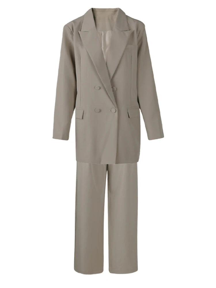 Women's Big Size Khaki Long Blazer & Wide Leg Pants Two-Piece Suit - Lapel Long Sleeve Fashion Set for Spring & Autumn 2025 | Office Wear, Business Casual, Formal Outfits
