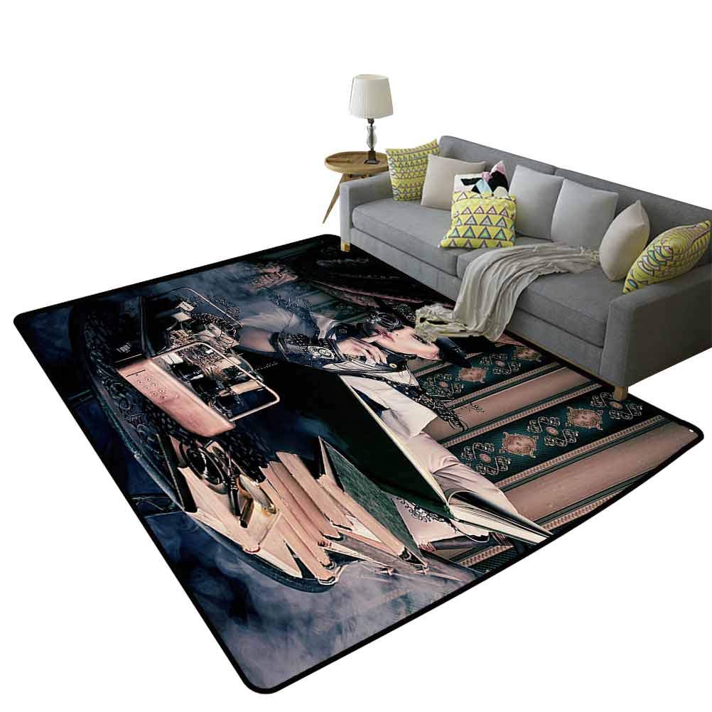 Steampunk Woman Portrait Gothic Decor Large Area Rug - Medieval Vintage Style Historic Fashion Art Photo - 6'x8' (180x240cm) Brown Teal Floor Mat for Living Room, Bedroom, or Kids Room