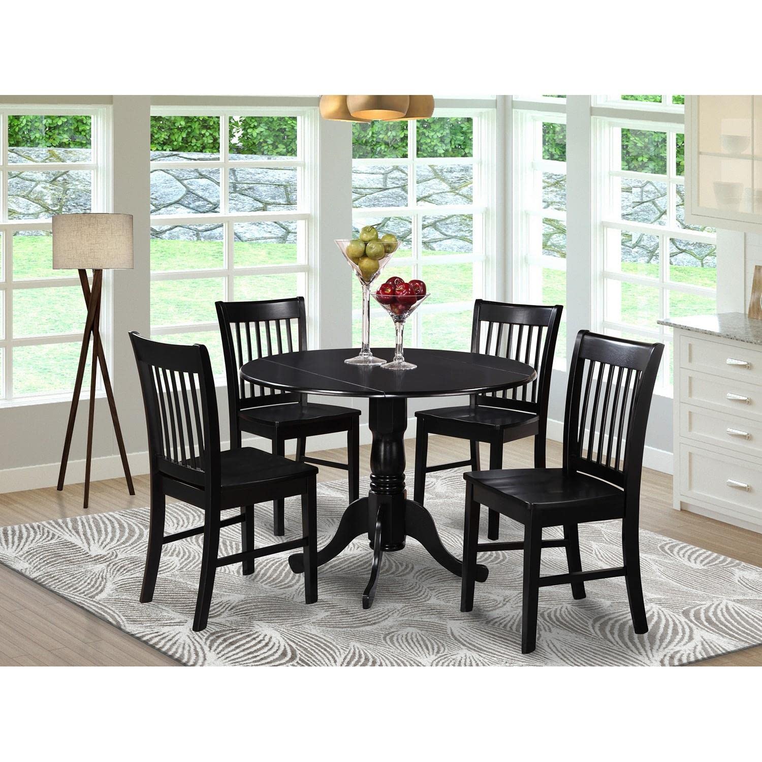 East West Furniture DLNO5-BLK-W 5-Piece Black Round Dining Table Set with Drop Leaf & 4 Chairs, 42x42 Inch - Perfect for Small Kitchens, Breakfast Nooks & Compact Dining Spaces