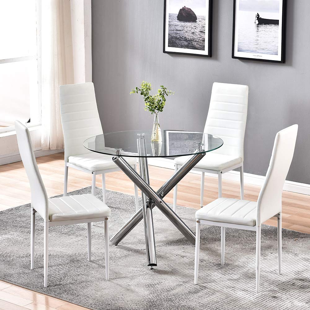 Modern Glass Top Dining Table Set with PU Leather Chairs - Round Tempered Glass Kitchen Table & White Chairs for Small Space, Breakfast Nook, Apartment Dining Room Furniture