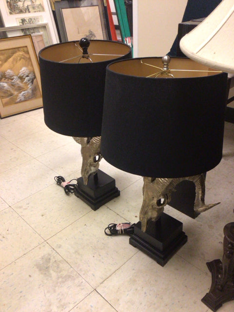 Silver Leaf Steer Head Table Lamps with Fabric Shades - Western Home Decor, Ranch Style Lighting for Living Room, Bedroom, or Office