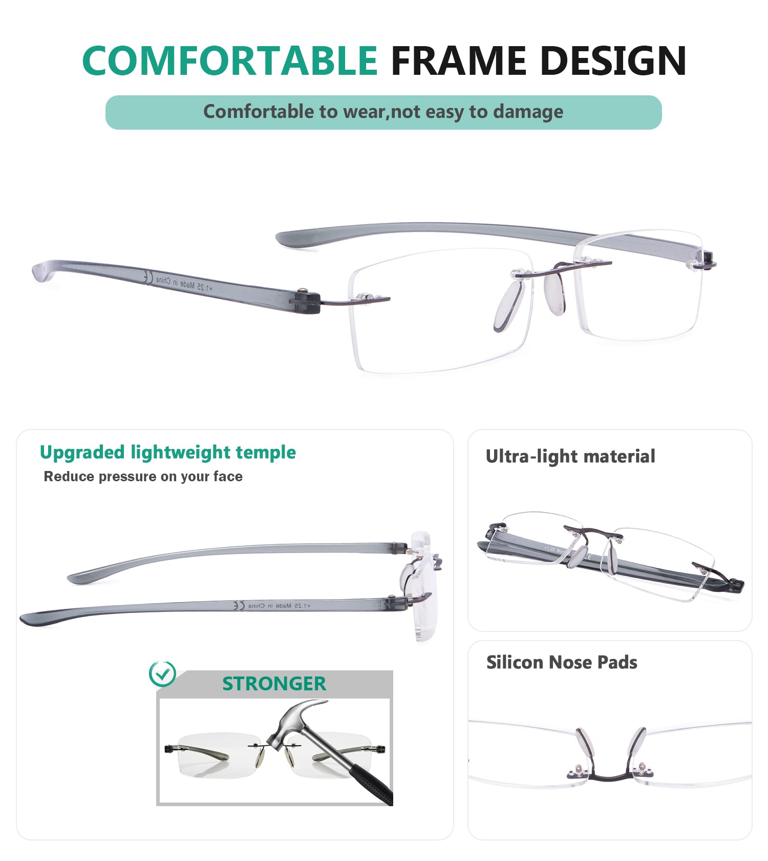Eyekepper Rimless Reading Glasses for Men & Women - Small Lens Lightweight Readers for Computer, Office, and Book Reading