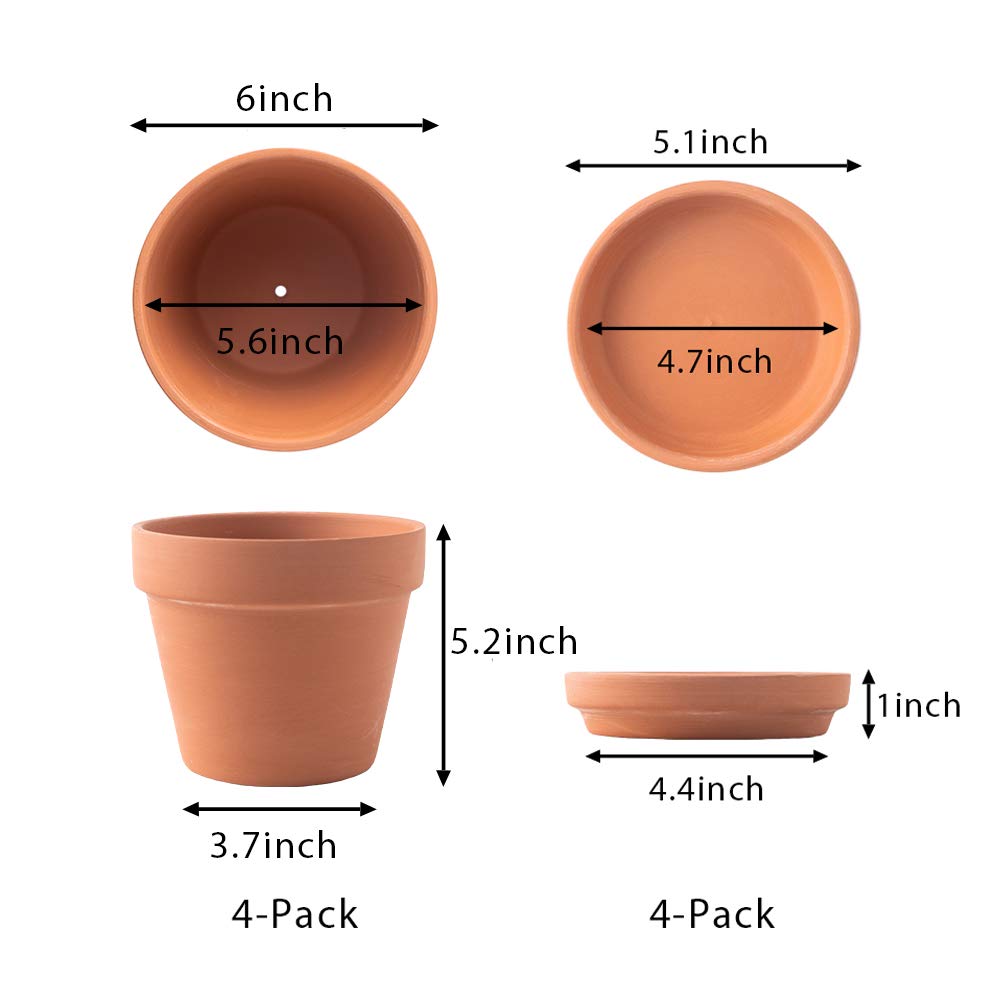 Yishang 6-Inch Large Terra Cotta Pots with Saucer - 4 Pack Clay Plant Pots with Drainage Hole & Tray for Indoor/Outdoor Plants - Perfect for Succulents, Herbs, Flowers & Home Garden Decor