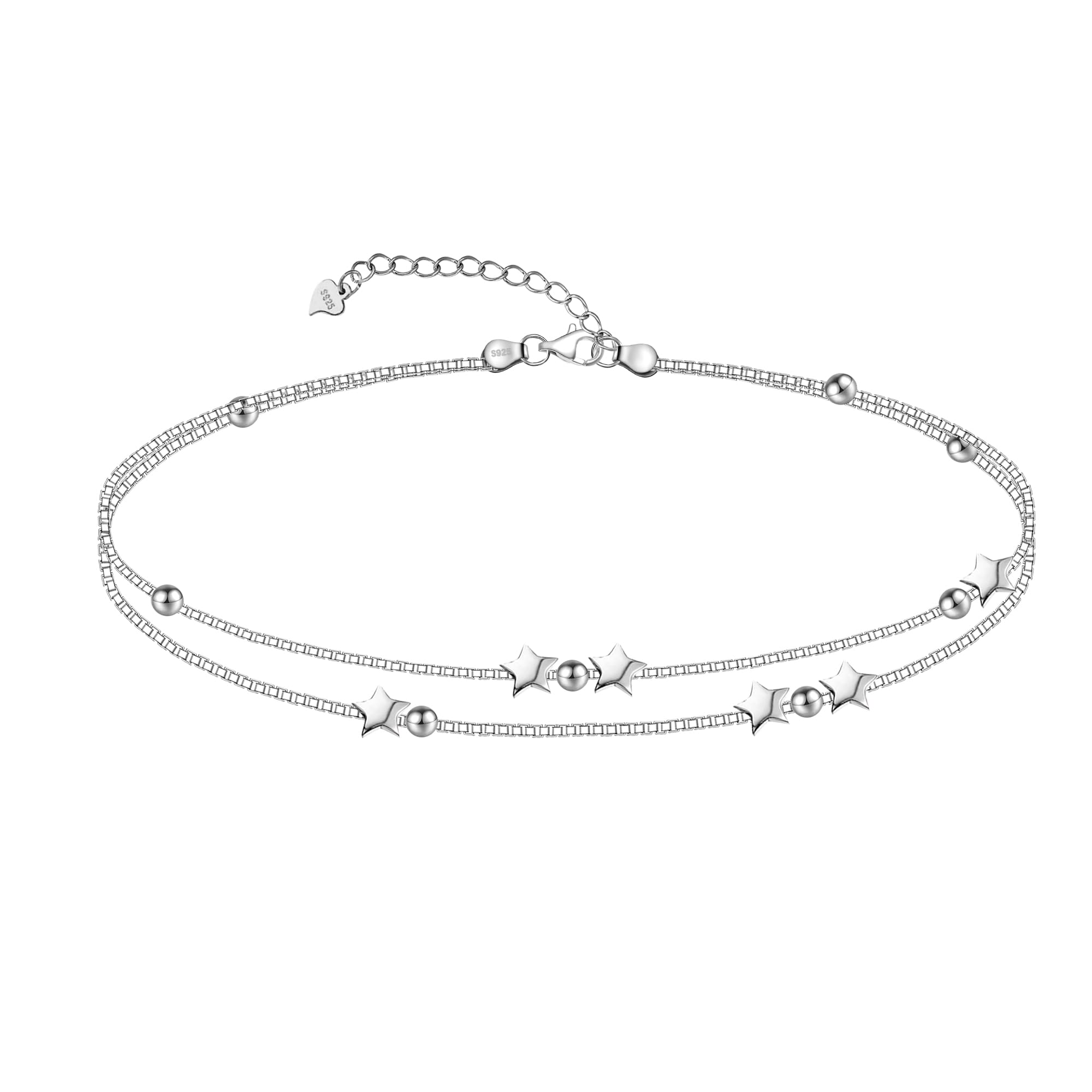 925 Sterling Silver Layered Bracelets for Women - Heart & Star Love Bracelet Set, Adjustable Double Stranded Bracelet, Perfect Mother's Day Jewelry Gift | Everyday Wear, Date Night, Special Occasions