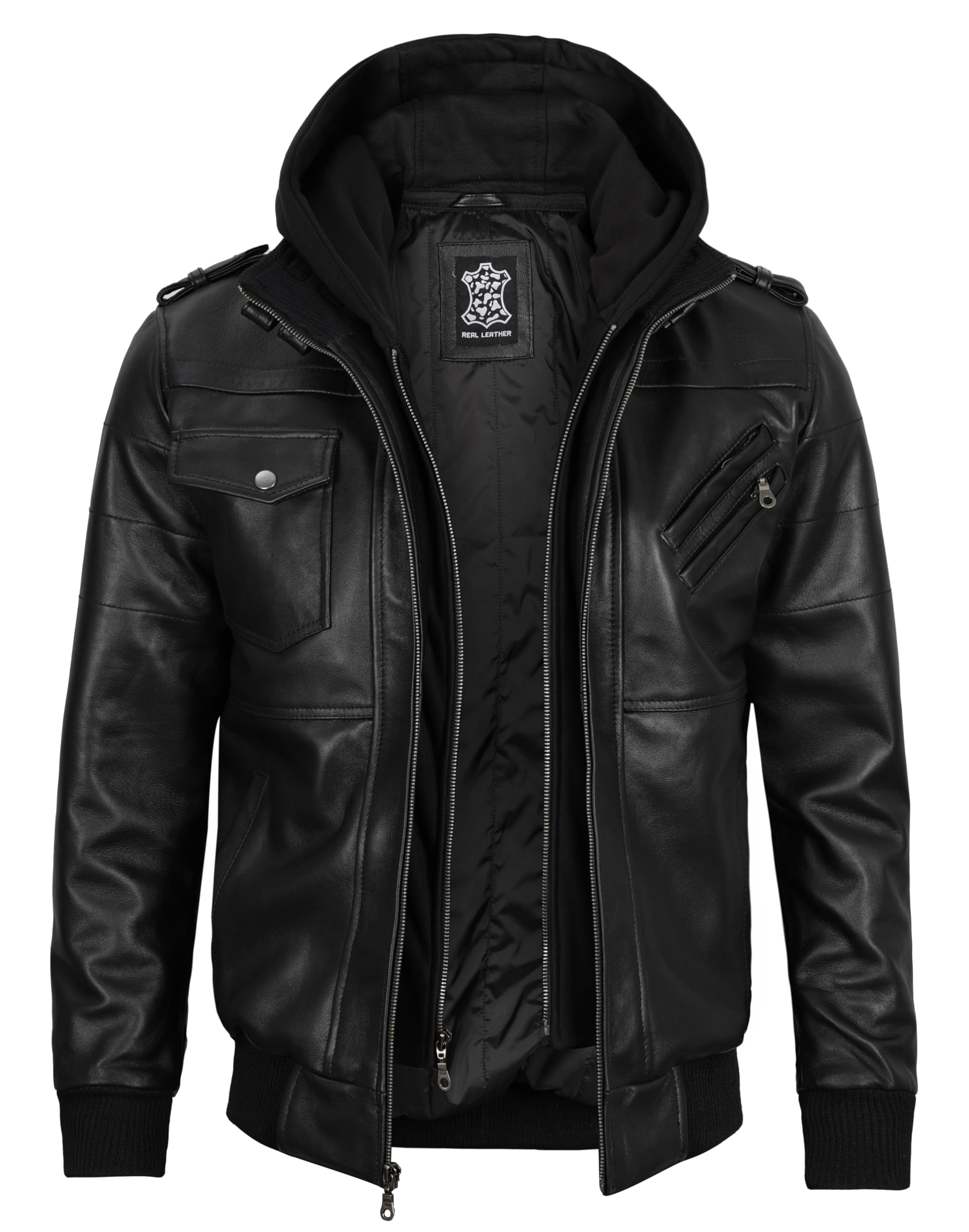 Decrum Men's Hooded Leather Bomber Jacket - Premium Genuine Leather with Removable Hood - Stylish Outerwear for Casual Wear, Motorcycle Riding & Night Out