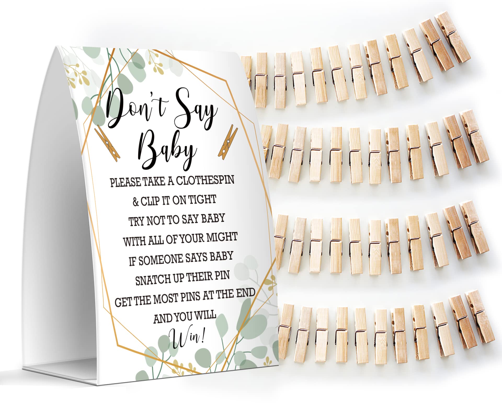 Gender Neutral Baby Shower Game Set - 5x7 Don't Say Baby Sign & 50 Mini Clothespins for Baby Shower Decorations & Party Games - Perfect for Baby Reveal Parties & Gender Neutral Celebrations