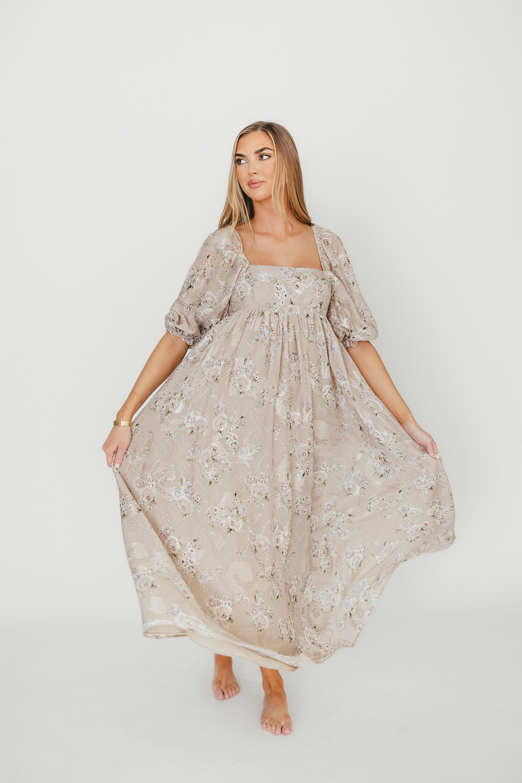 Elegant Mona Maxi Dress in Beige & Brown Floral Print - Women's Boho Summer Dress for Beach, Vacation & Casual Wear | Restocking August