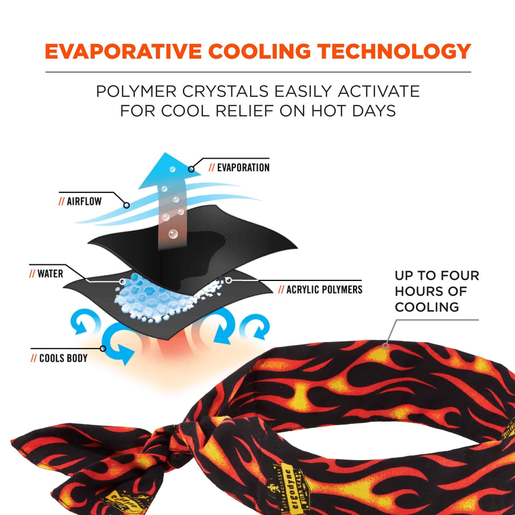 Ergodyne Chill Its 6700 Cooling Bandana - Lime with Flames Design | Evaporative Polymer Crystals for Instant Cooling Relief | Adjustable Tie Fit | Perfect for Outdoor Sports, Hiking, Construction Work & Hot Weather Activities