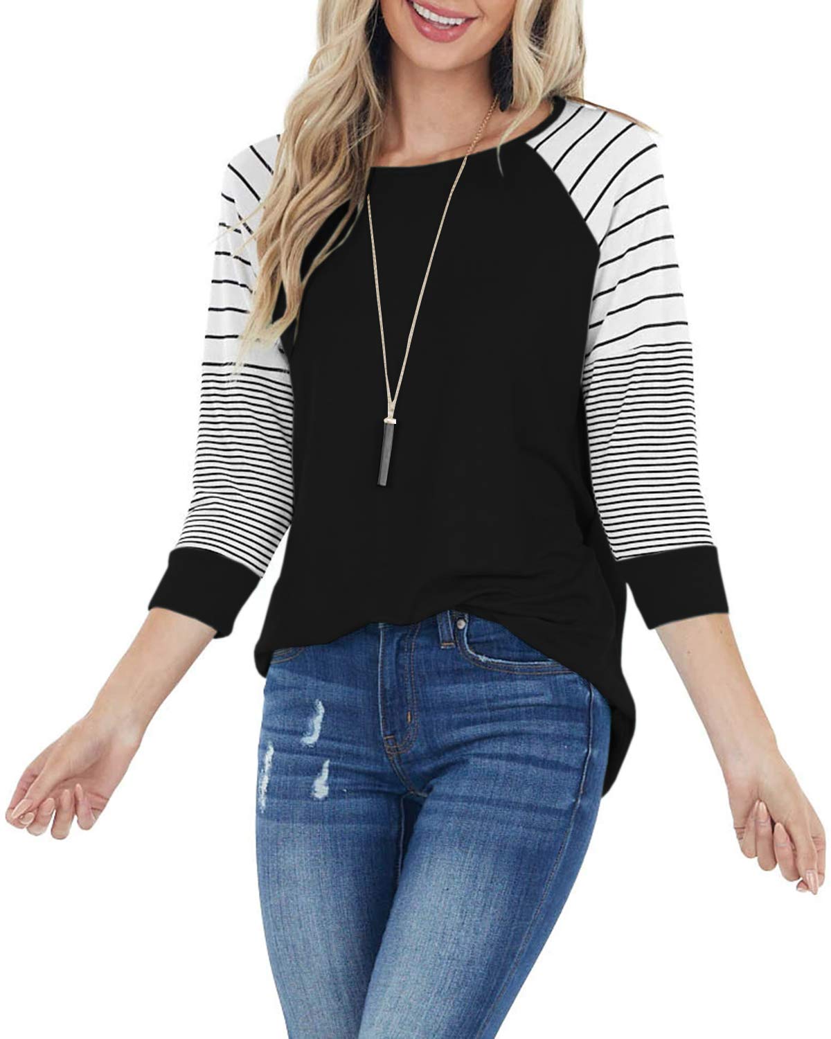 ReachMe Women's Casual 3/4 Sleeve Striped Raglan Tee - Loose Fit Crewneck Blouse for Everyday Wear | Perfect for Work, Weekend & Travel Outfits