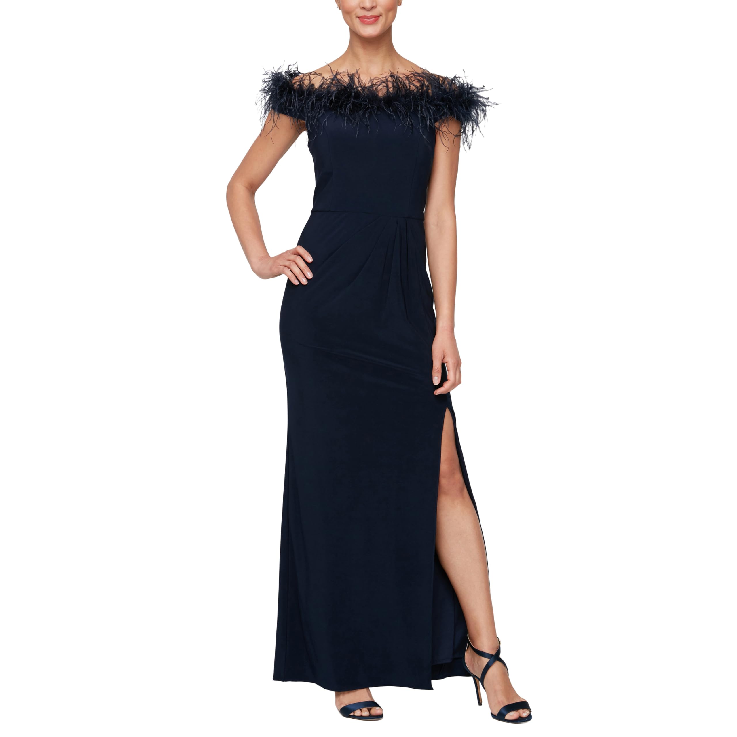 Alex Evenings Women's Long Off-Shoulder Formal Gown with Front Slit & Feather Trim Neckline - Elegant Evening Dress for Prom, Gala, Wedding & Black Tie Events