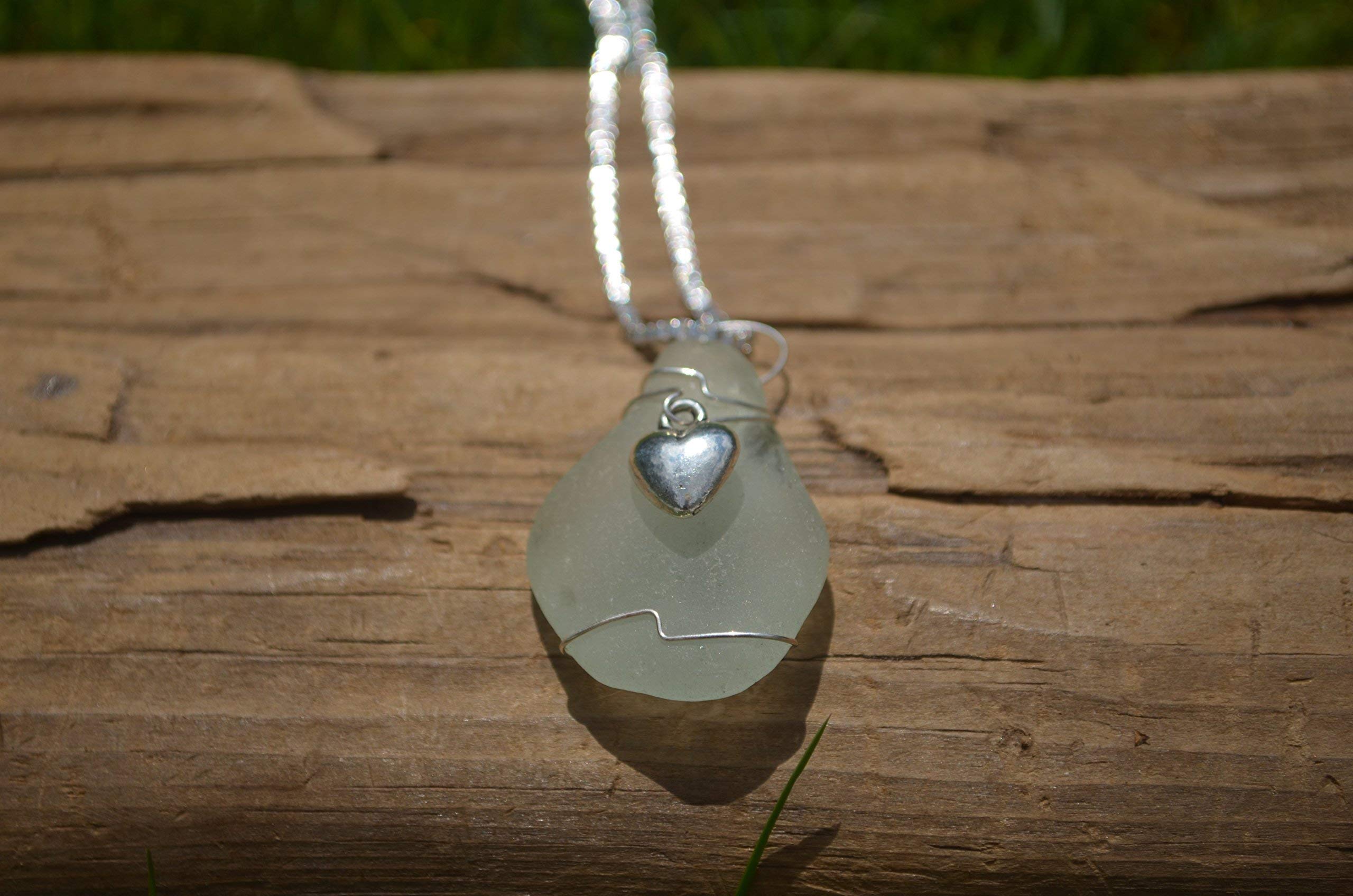 Authentic Aqua Sea Glass Necklace with Sterling Silver Heart Charm – Perfect for Beach Weddings, Boho Fashion & Gift Giving