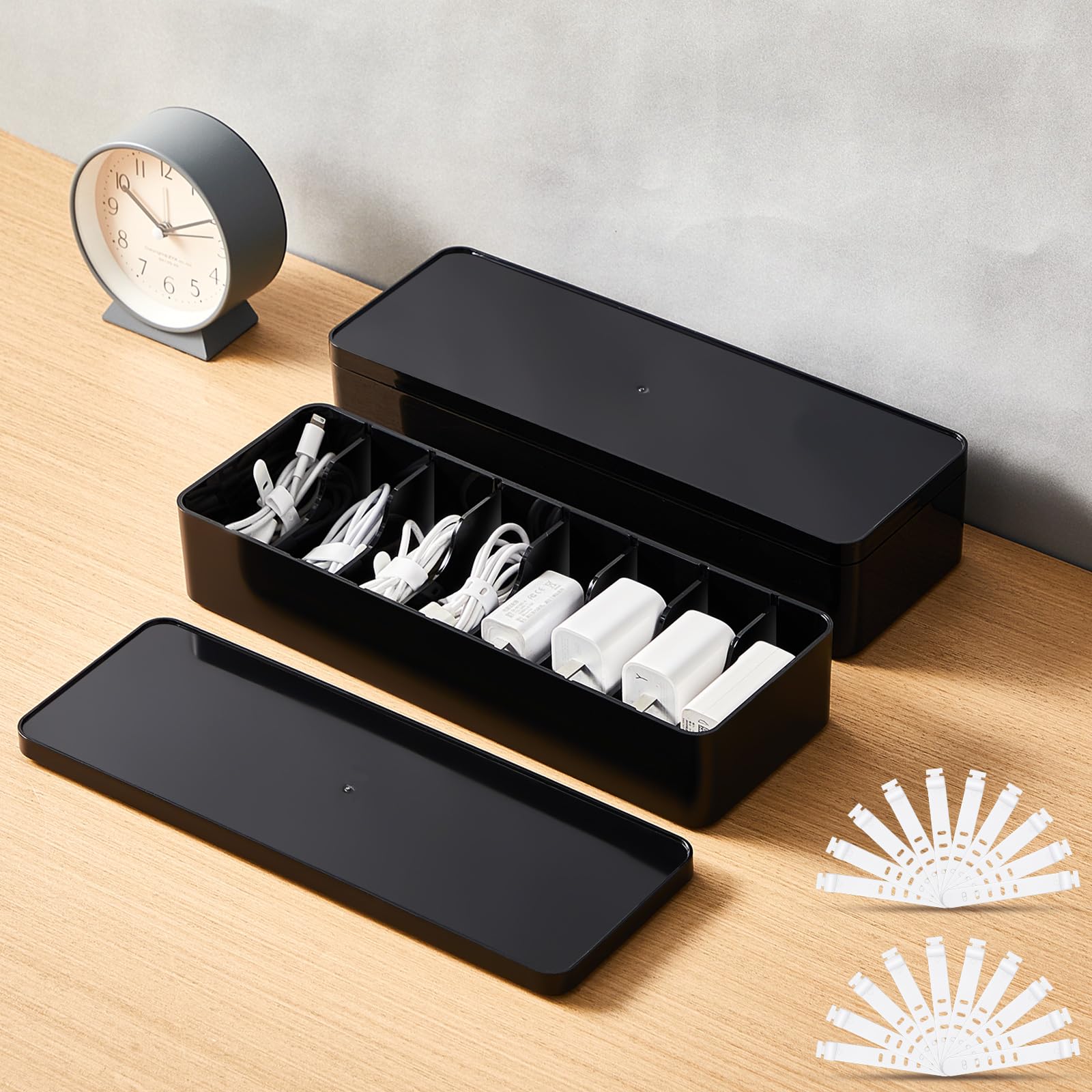 Tatuo 2-Pack Cable Organizer Set with 20 Wire Ties - Black Plastic Cord Storage Box with Lid for Home & Office Desk Organization - Perfect for Managing Computer Wires, Chargers & Electronic Cables