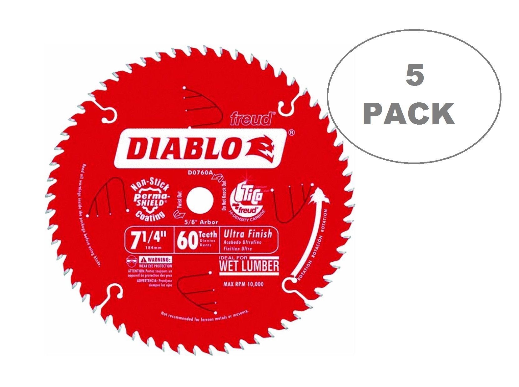 Diablo 7-1/4 Inch 60-Tooth Ultra Finish Circular Saw Blade with 5/8-Inch Arbor - 5-Pack for Woodworking, Plywood, and Fine Finish Cuts - Perfect for Table Saws, Miter Saws, and Circular Saws