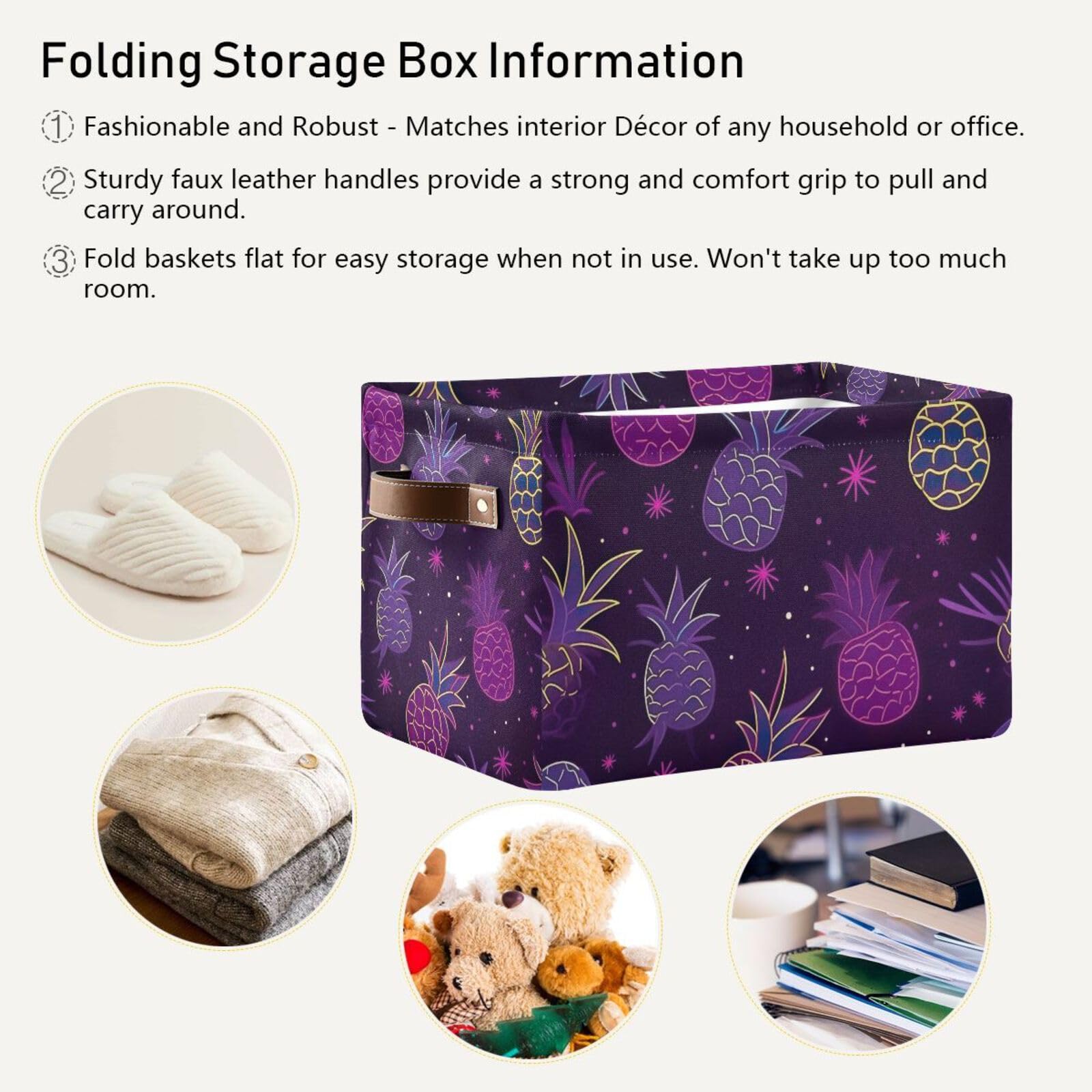 Foldable Canvas Storage Baskets with Handles - 2 Pack Rectangle Pineapple Design Fabric Organizer for Clothes, Home & Office Organization - Perfect for Closet Shelves, Bedroom Decor and Seasonal Storage