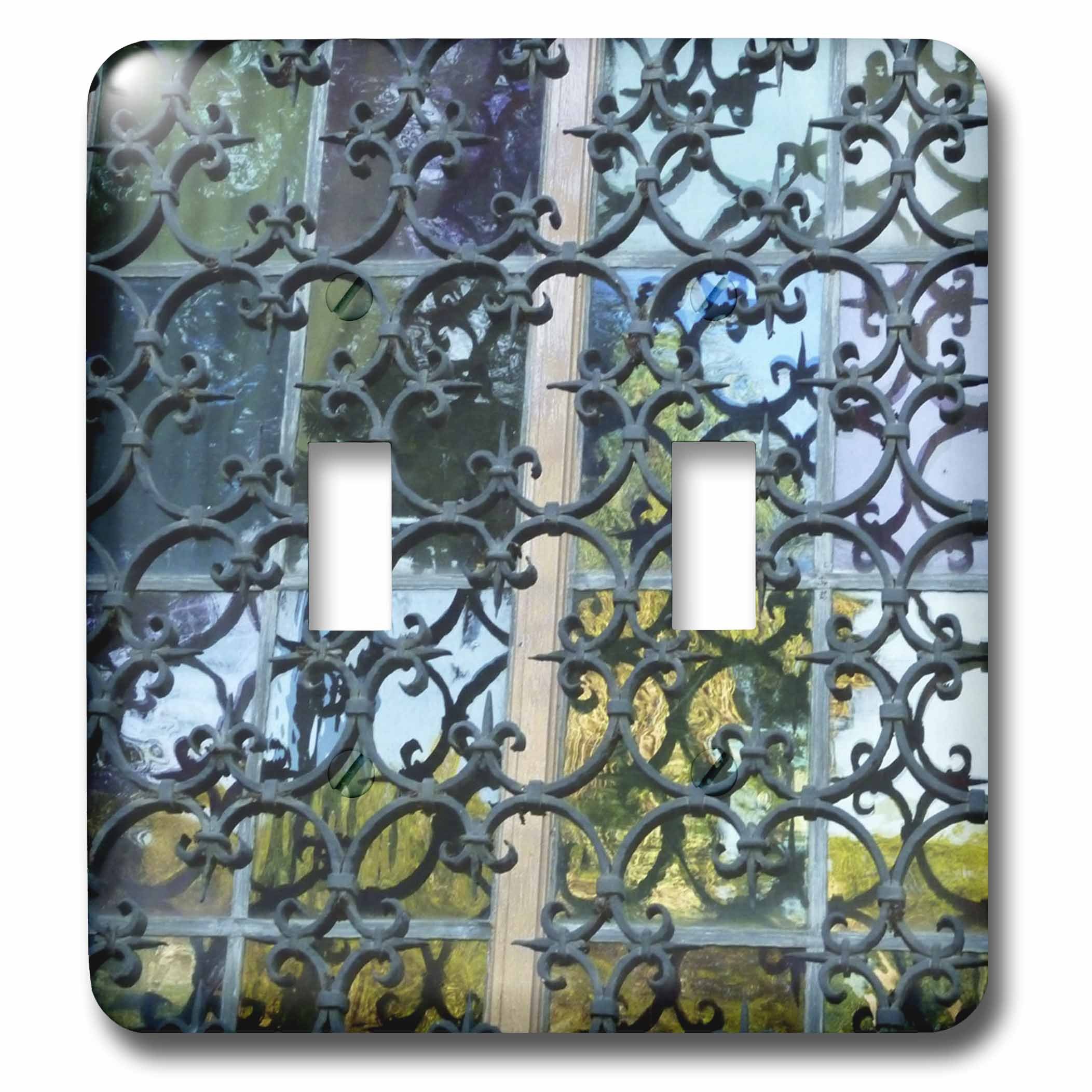 3D Rose Wrought Iron and Stained Glass Double Toggle Switch Plate Cover - Decorative Wall Plate for Home, Bedroom, Bathroom, and Office Decor