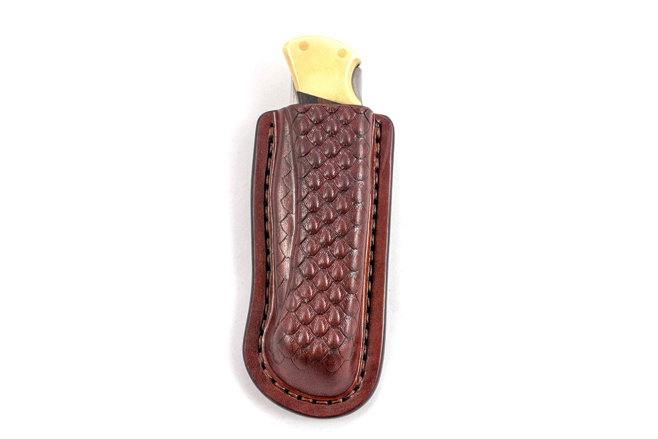 Buck 110 Folding Knife Leather Sheath - Tooled Snakeskin Pattern Friction Sheath with Belt Loop | Hunting, Camping & EDC Knife Case