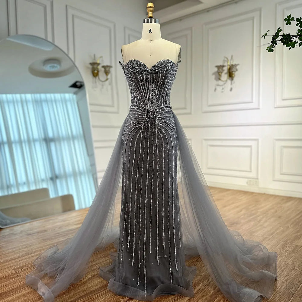 Elegant Strapless Pink Pearl Beaded Arabic Mermaid Evening Gown with Detachable Overskirt LA72811B - Perfect for Weddings, Prom, Gala and Special Occasions