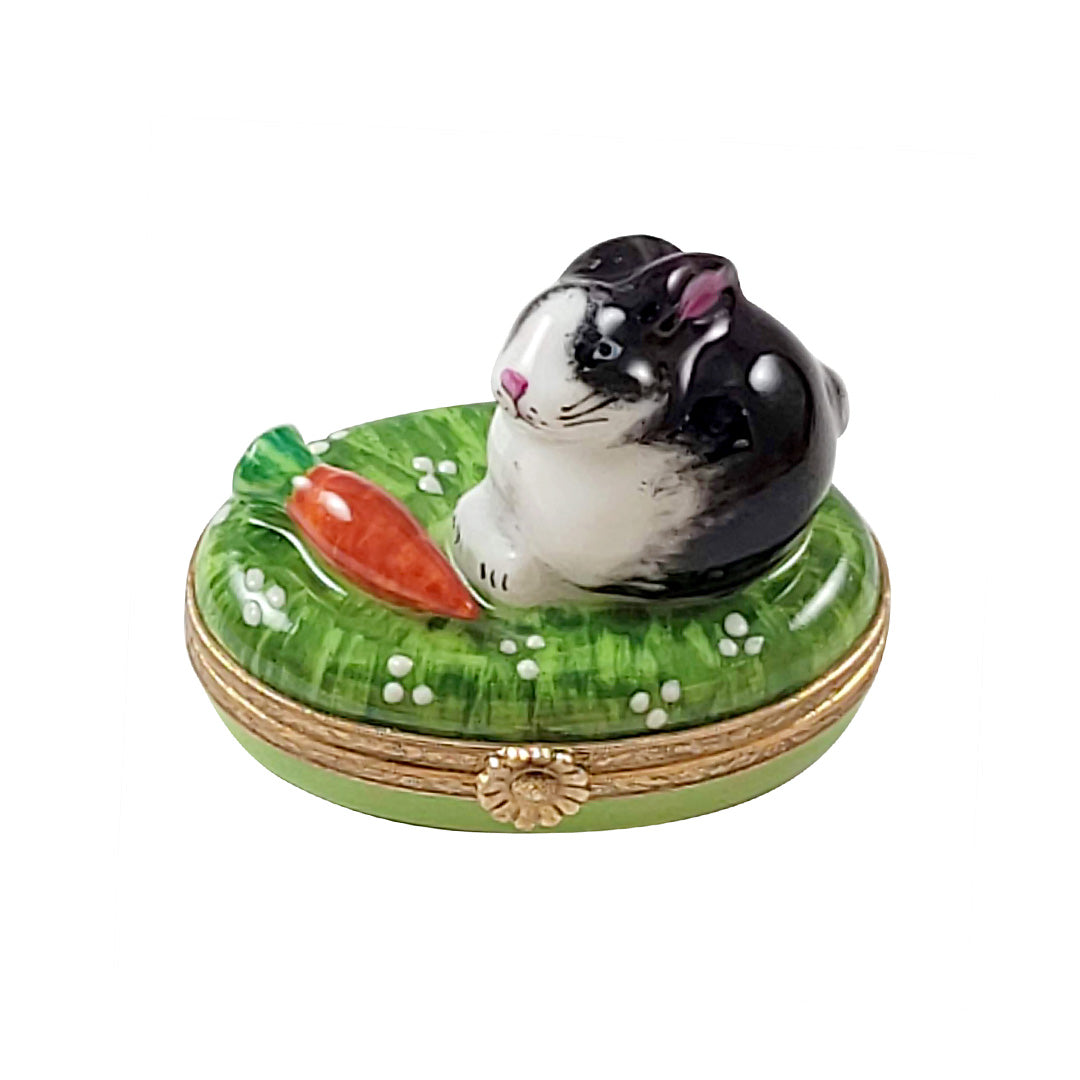 Exquisite Black & White Bunny with Carrot Limoges Porcelain Figurine - Handcrafted Collectible for Easter Decor, Gift & Home Display