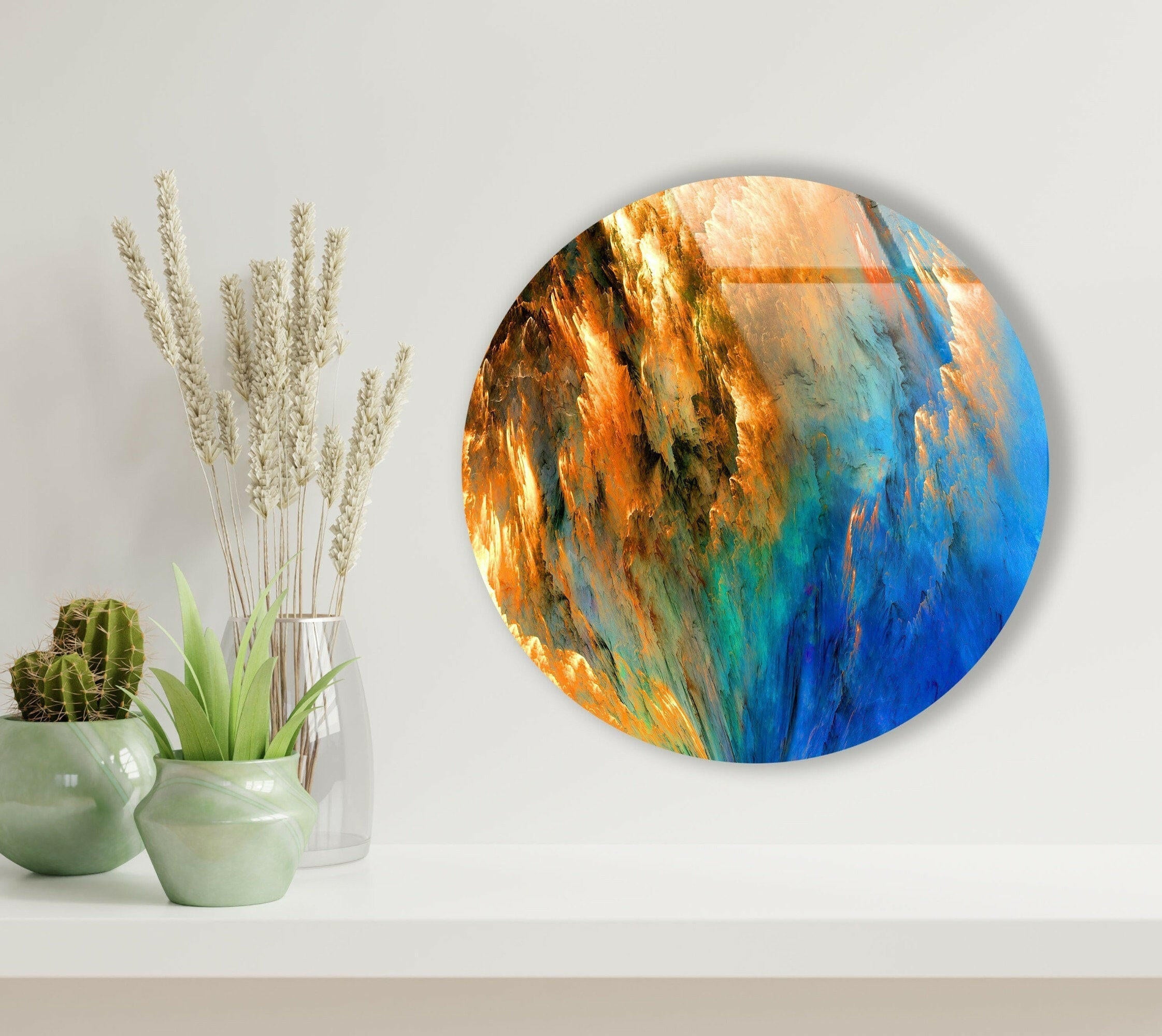 Blue & Orange Abstract Round Glass Wall Art Decor - Modern Handmade Glass Mosaic for Living Room, Bedroom, Office & Dining Area