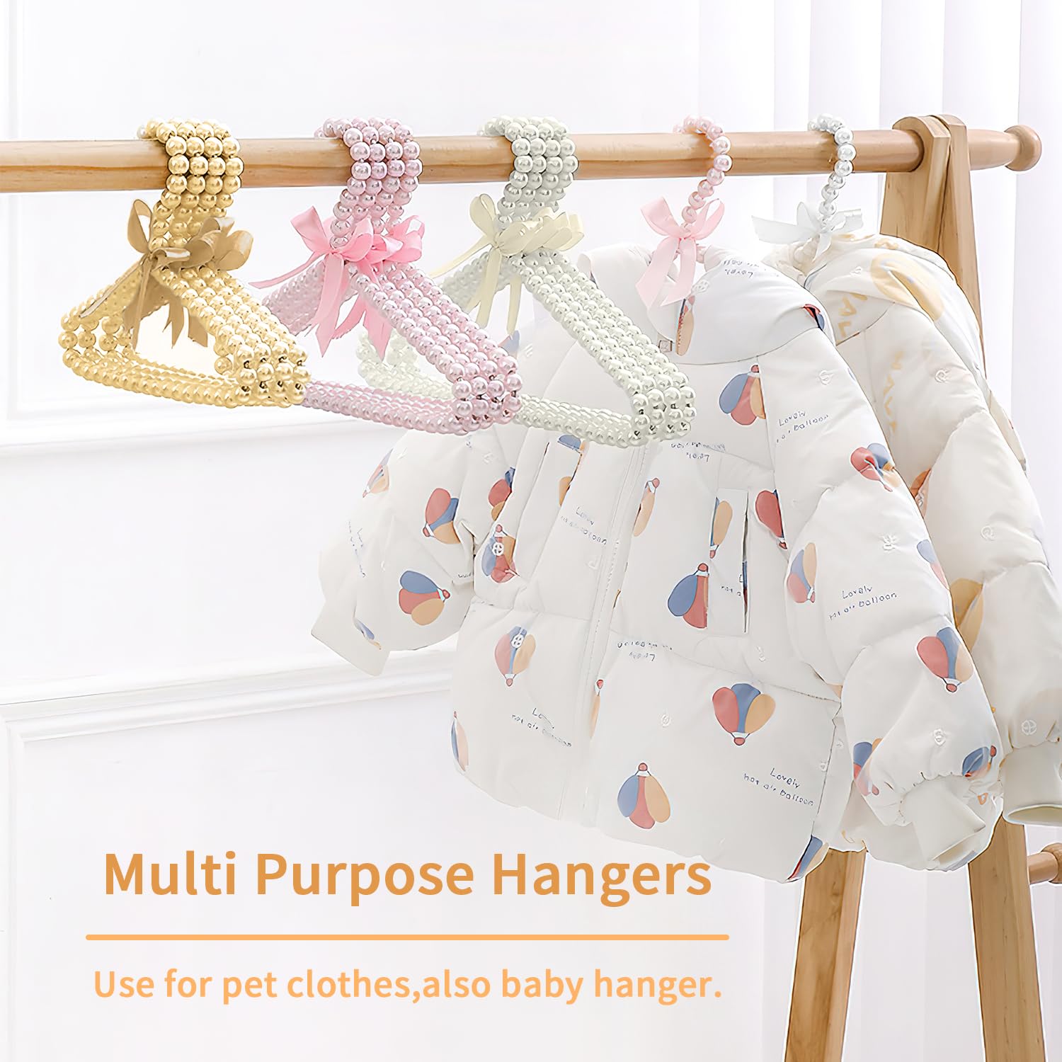 DELIFUR 5 Pack Pet Clothes Hangers with Faux Pearl Bow - Durable Hangers for Dog Cat & Kids Clothes - Pink Organizers for Wardrobe, Closet & Pet Grooming Storage