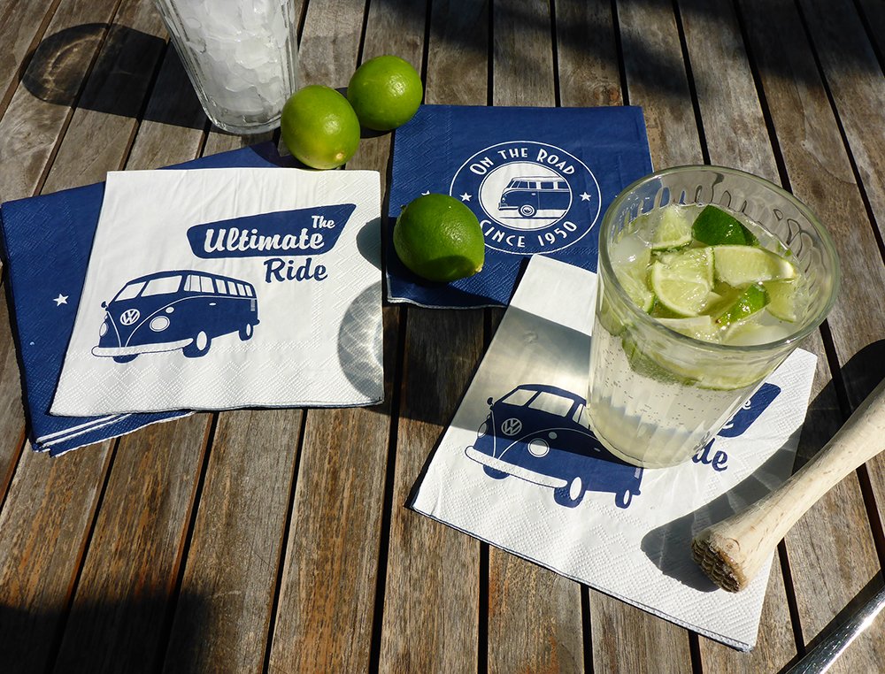 BRISA VW Collection - Premium 3-Ply White Volkswagen Napkins with Vintage T1 Bus Campervan Design | The Ultimate Ride | Perfect for Picnics, BBQs, and VW-Themed Parties