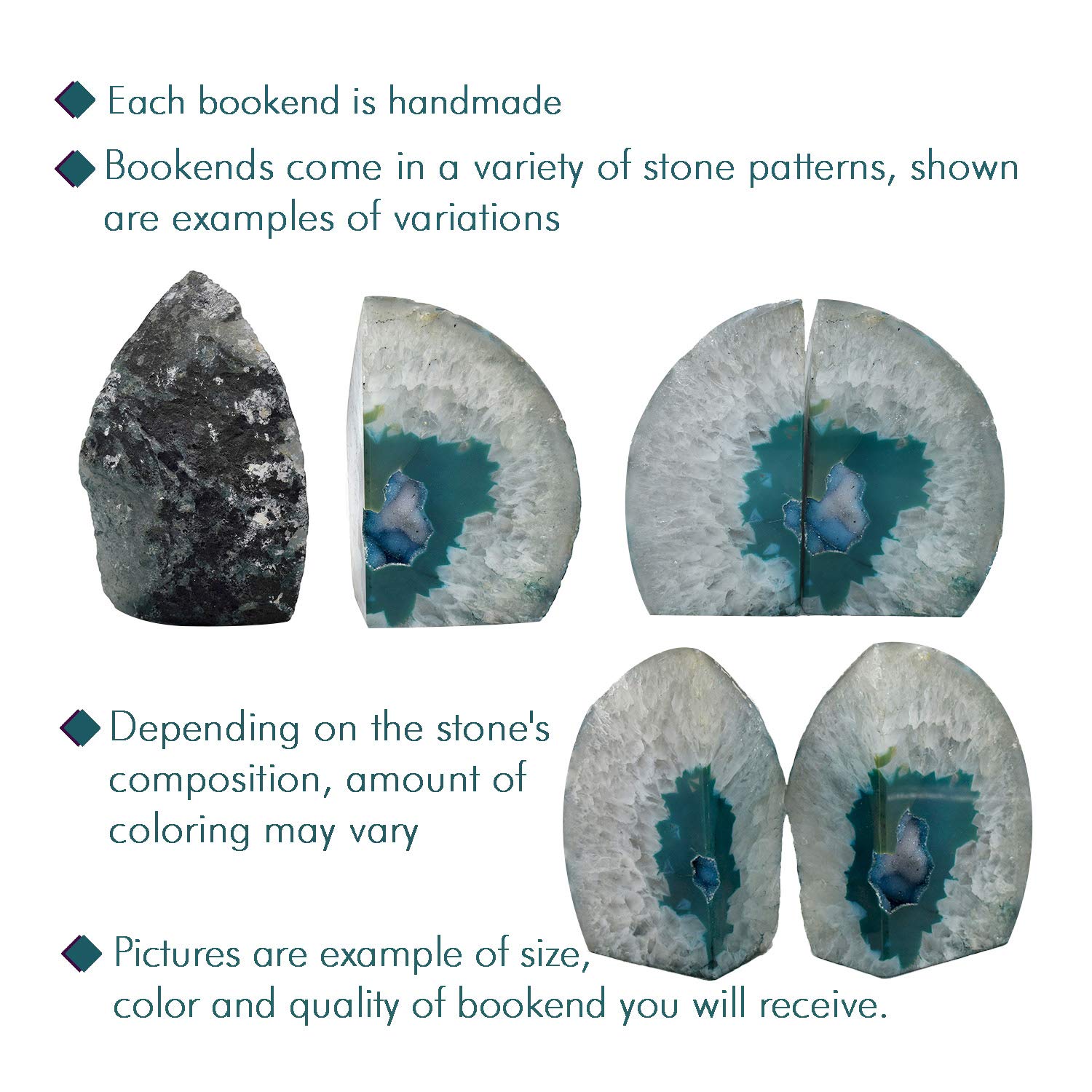 Silver-Rimmed Agate Bookends Set of 2 - Electroplated Decorative Stone Book Stoppers with Teal Agate, Large 3 x 6.5 x 5.5 Inches, 4-6 lbs - Perfect for Bookshelves, Office Desks, and Home Decor