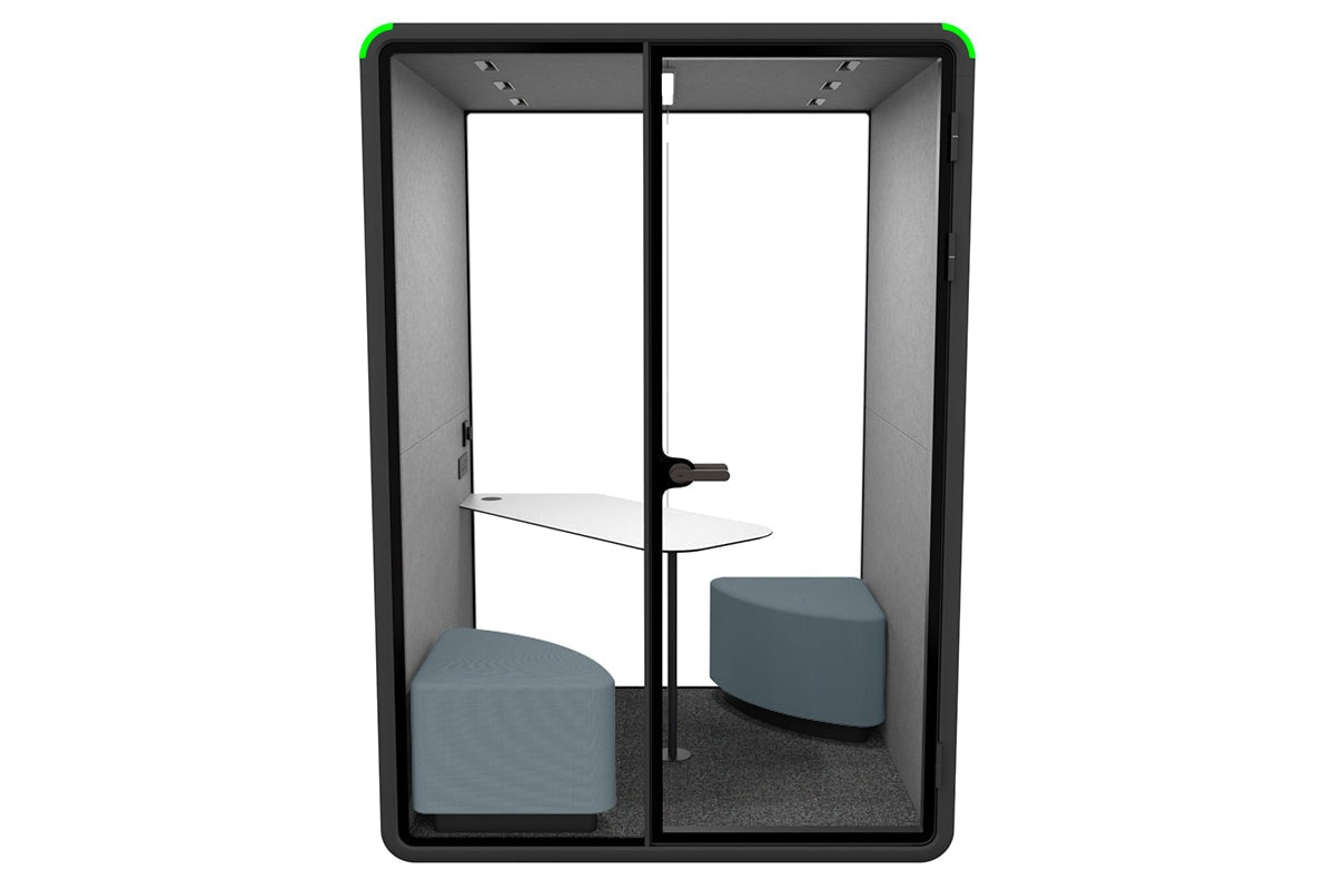 Nest 2 Person Meeting Booth with Diagonal Table & Echo Panel - Soundproof Office Pod for Private Video Calls and Small Team Collaboration