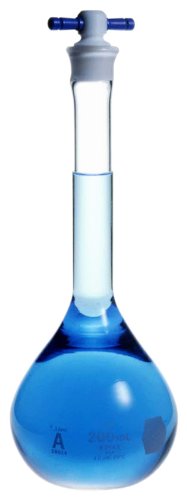 Kimax 28014F-100 Borosilicate Glass 100mL Volumetric Flask, Class A Round Flat Bottom, ±0.08mL Accuracy, PTFE Color-Coded Stopper (6-Pack) - Ideal for Chemistry Labs, Scientific Research & Precise Liquid Measurements