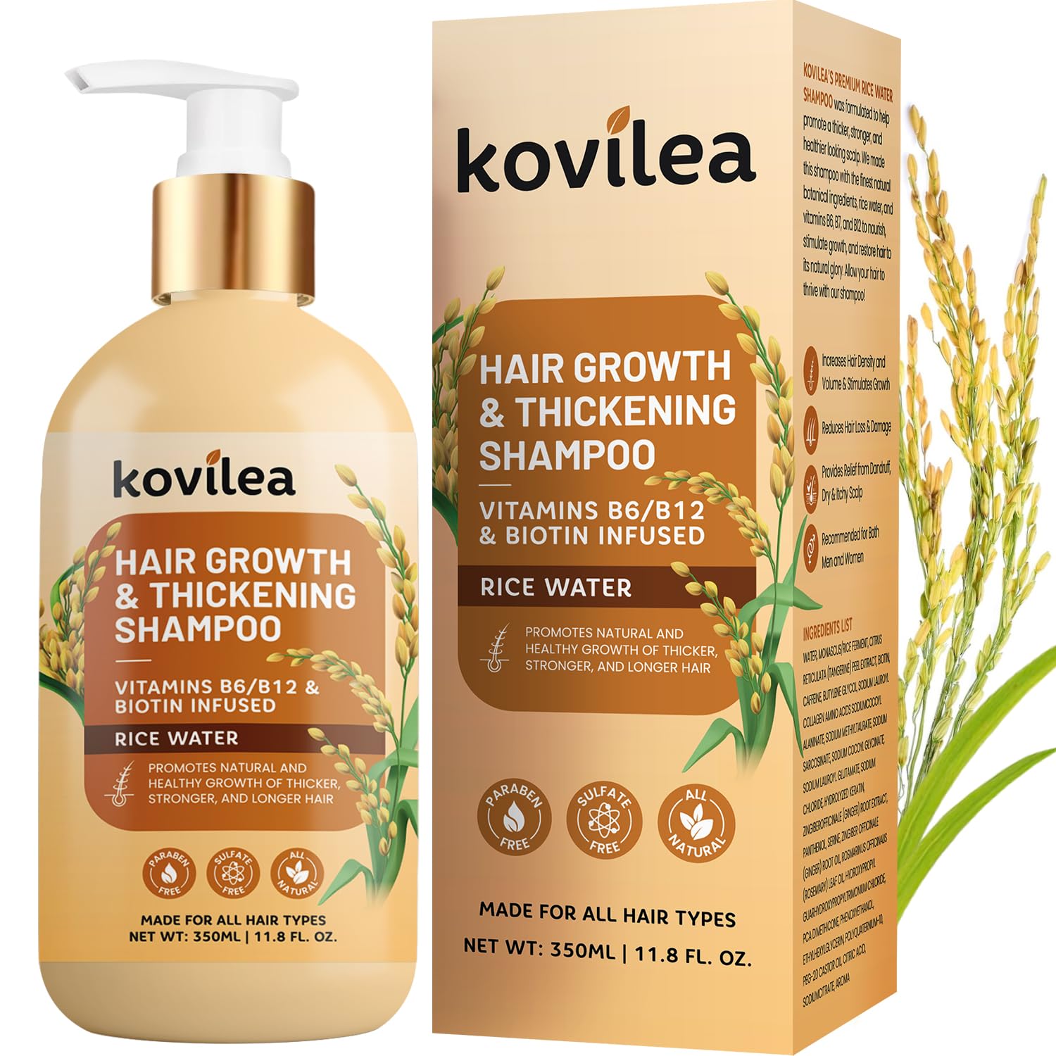 Rice Water Hair Growth Shampoo for Men & Women - Natural Thickening & Regrowth Formula with Biotin, Castor Oil & Rosemary | Strengthens Weak, Brittle & Thinning Hair | All Hair Types | 11.8 Oz | Perfect for Daily Hair Care & Scalp Nourishment