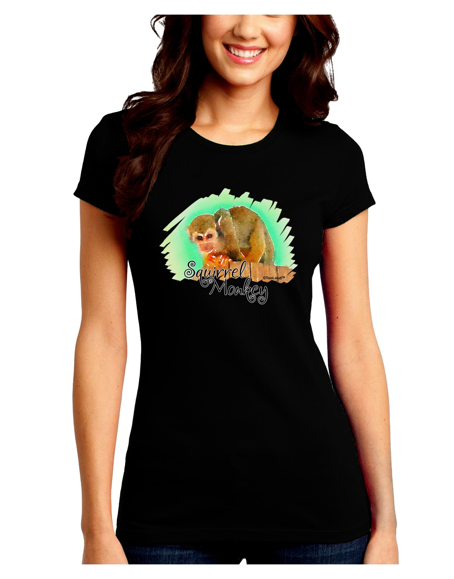 TOOLOUD Squirrel Monkey Watercolor Print Dark T-Shirt for Women - Soft Cotton Crew Neck Tee for Casual Wear, Street Style & Animal Lovers