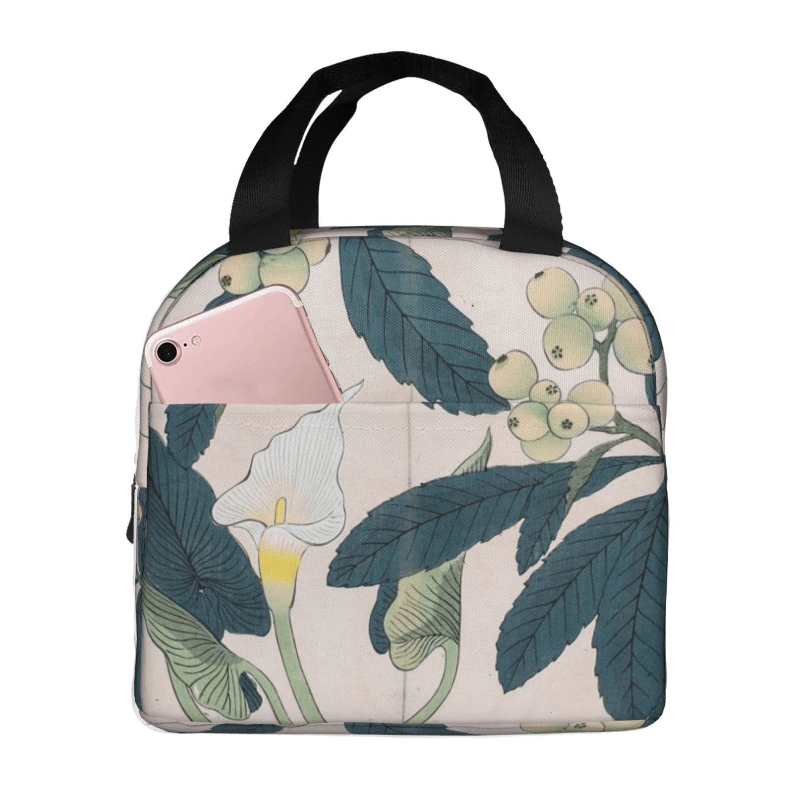 Japanese Woodblock Print Insulated Lunch Tote Bag - Calla Lily & Loquat Tree Design, Reusable Cooler Lunch Box for Women, Perfect for Work, Office, Picnic, Travel & Outdoor Activities