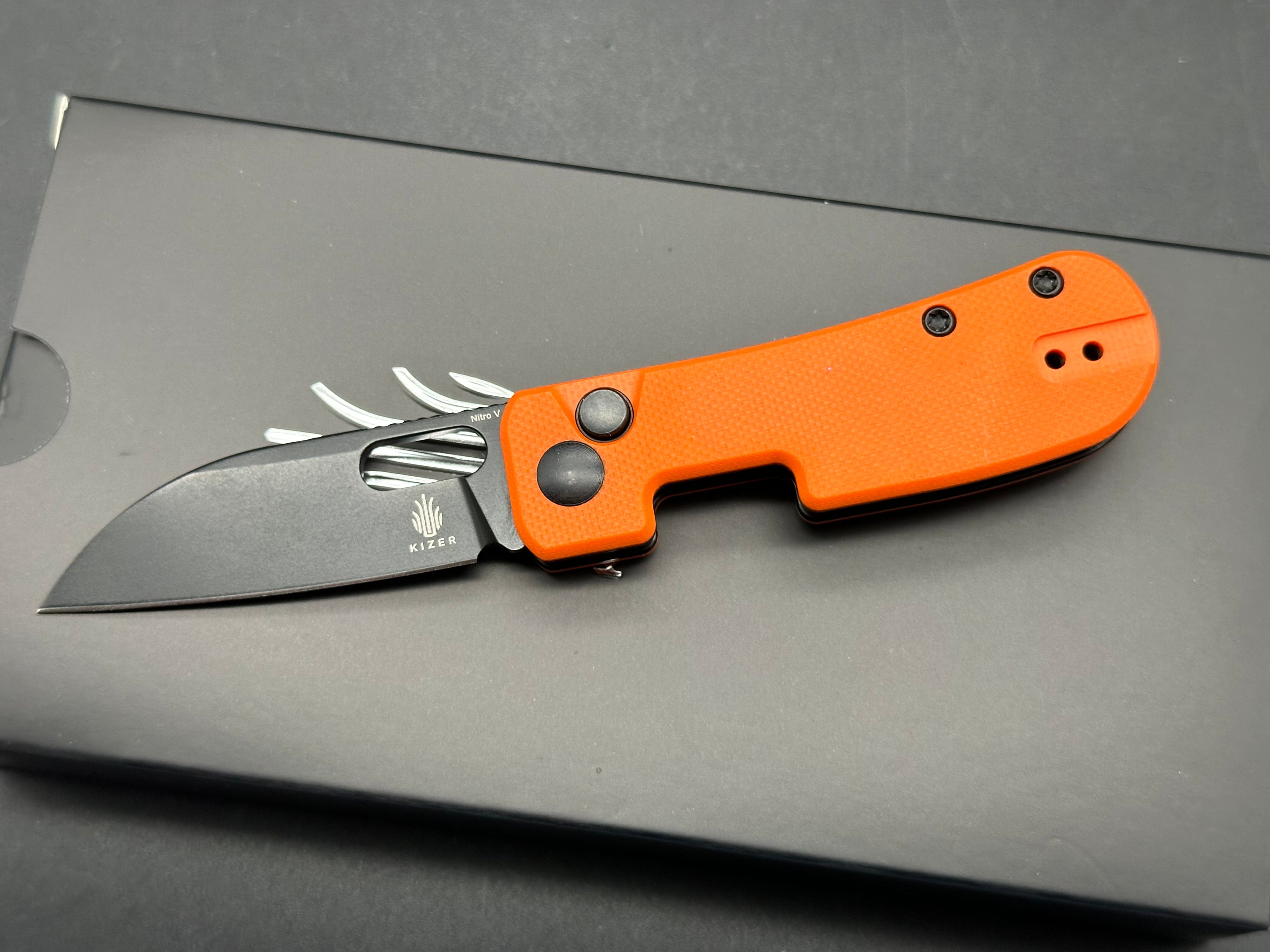 Kizer Banish Folding Knife - Nitro V Steel Blade, Button Lock, Orange Textured G10 Handle - EDC Pocket Knife for Outdoor, Camping & Everyday Carry