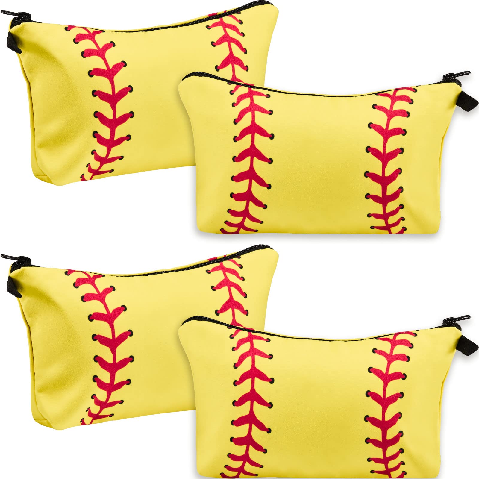4 Pack Softball Makeup Bags - Waterproof Cosmetic Pouches for Baseball & Travel - Zippered Toiletry Organizer for Women, Girls, Athletes & Moms - Perfect for Gym, Sports Team, Vacation & Daily Use (Yellow)