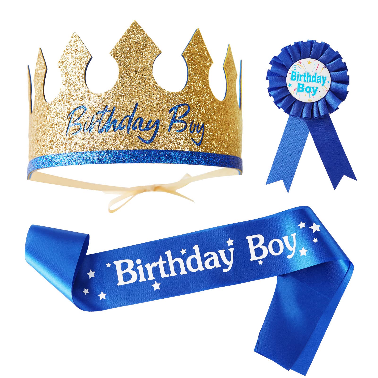 Birthday King Crown Hat, Sash & Button Pin Set - Party Decorations & Dress Up Accessories for Boys Birthday Celebration - Perfect for Birthday Parties, Costume Events & Photo Shoots