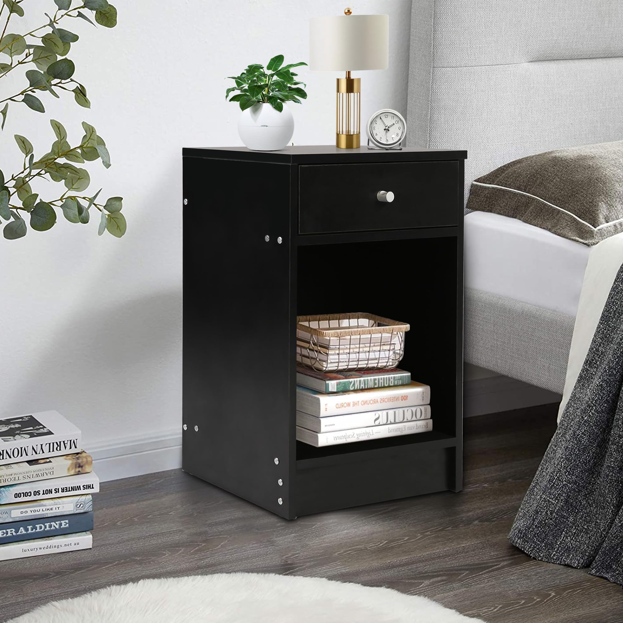 Modern Black Nightstand Set of 2 - Wooden Bedside Tables with Drawer for Bedroom & Living Room - Space-Saving End Tables for Small Spaces - Perfect for Apartments, Dorms and Cozy Homes