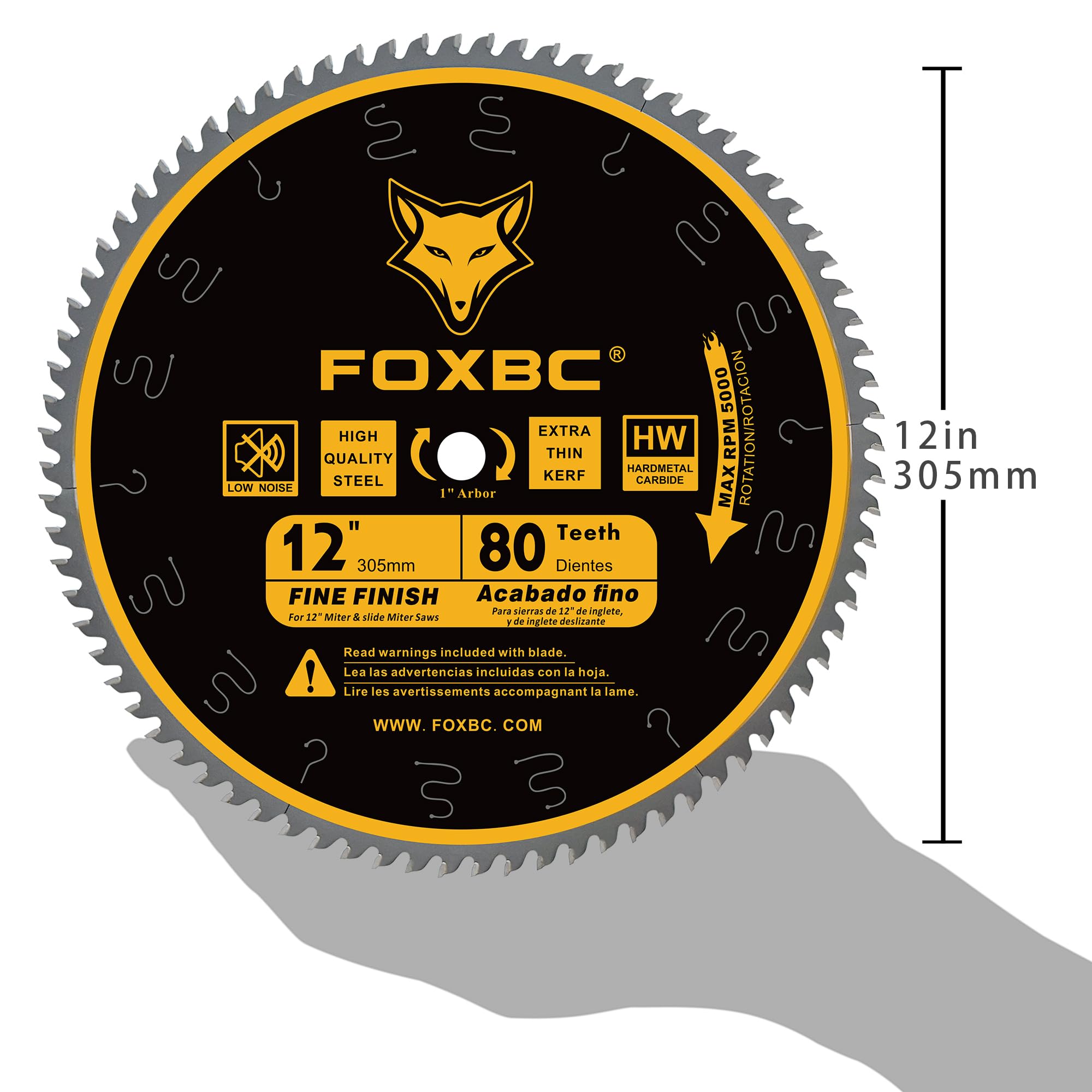 FOXBC 12 Inch 80-Tooth Miter Saw Blade for Fine Wood Crosscutting - 1 Inch Arbor - Perfect for Trim Work, Crown Molding & Precision Woodworking Projects