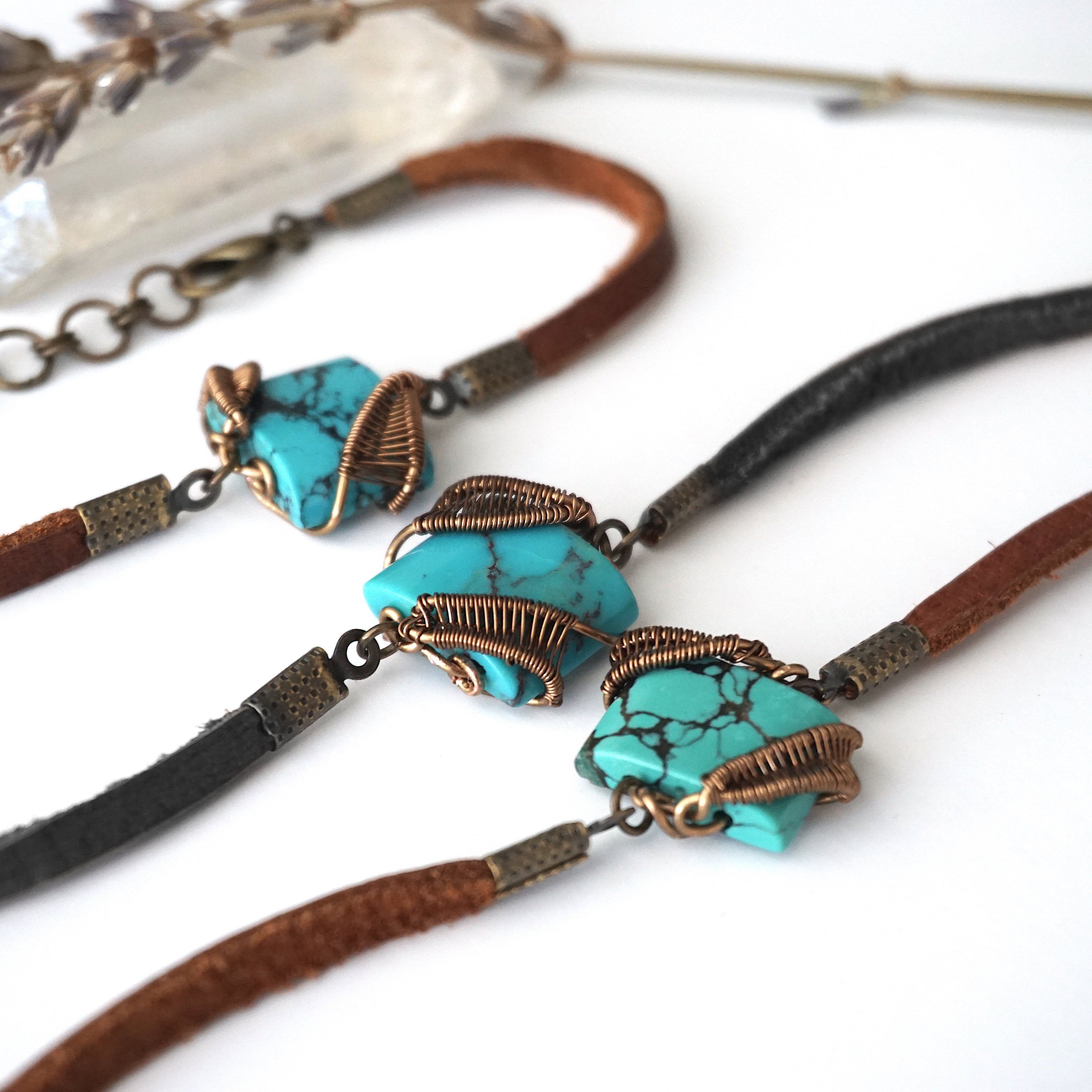 Turquoise Leather Bracelet - Adjustable Handmade Beaded Bracelet for Women - Black or Brown Leather - Boho Jewelry for Everyday Wear & Gift Giving