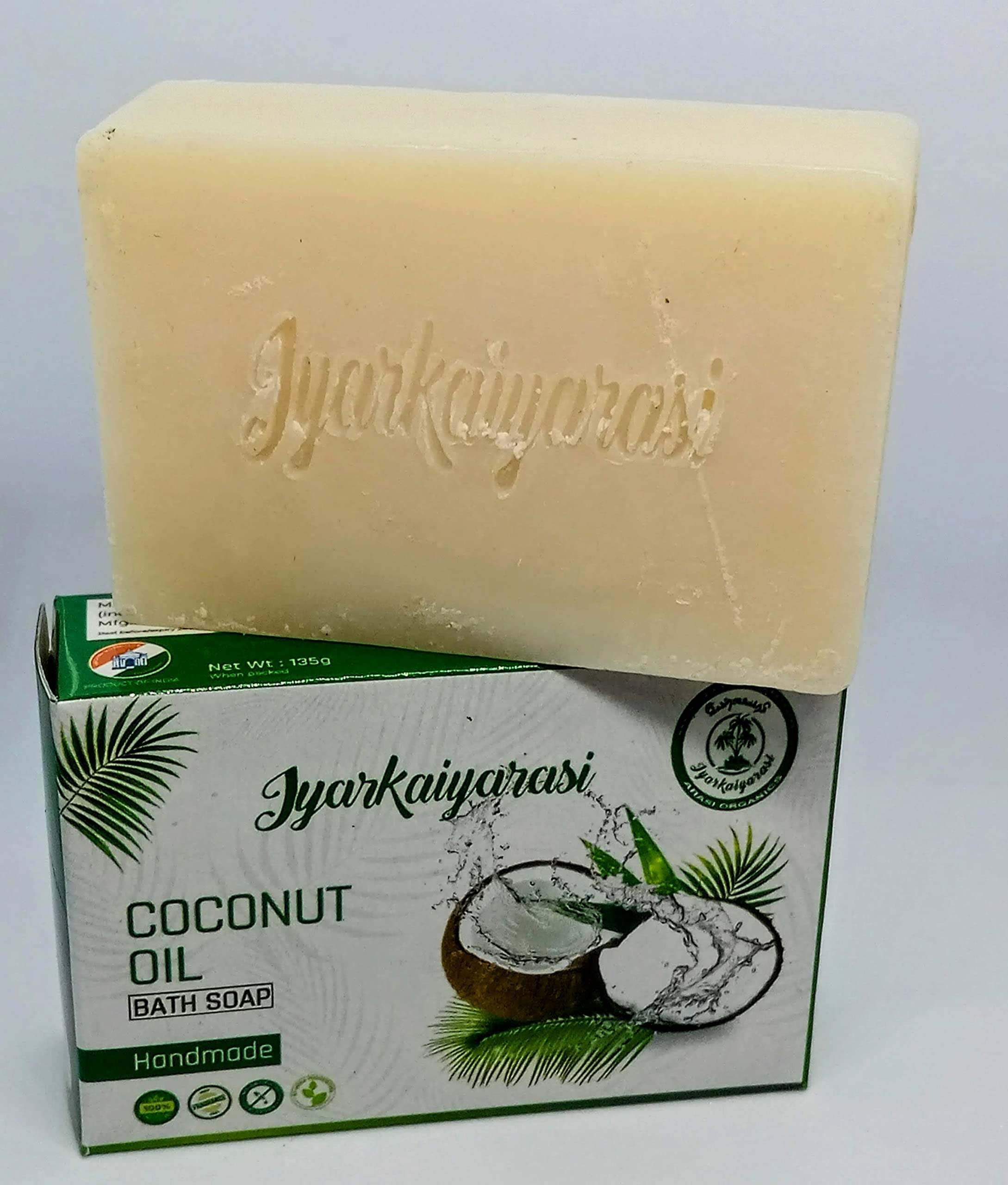 Iyarkaiyarasi Pure Coconut Oil Handmade Soap - Fragrance Free, Vegan, Chemical Free for All Skin Types | Premium Herbal Bath Bar 130g | Perfect for Sensitive Skin, Eco-Friendly Gifts & Natural Skincare Routine