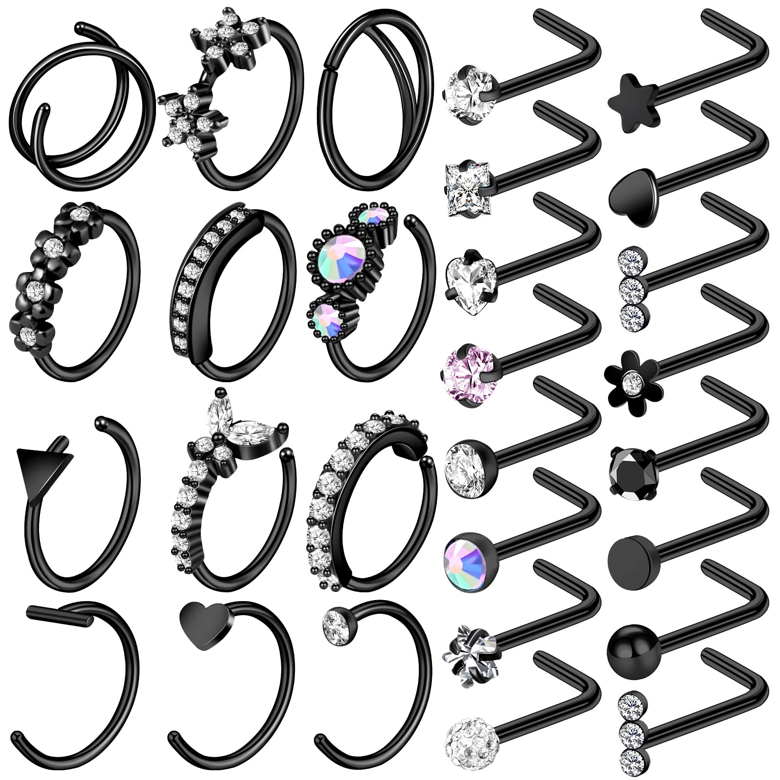 ONESING 29 Pcs Black Nose Rings for Women & Men - L Shape, Studs, Hoop Stainless Steel Nose Jewelry Set | Perfect for Piercing, Gifts & Everyday Wear