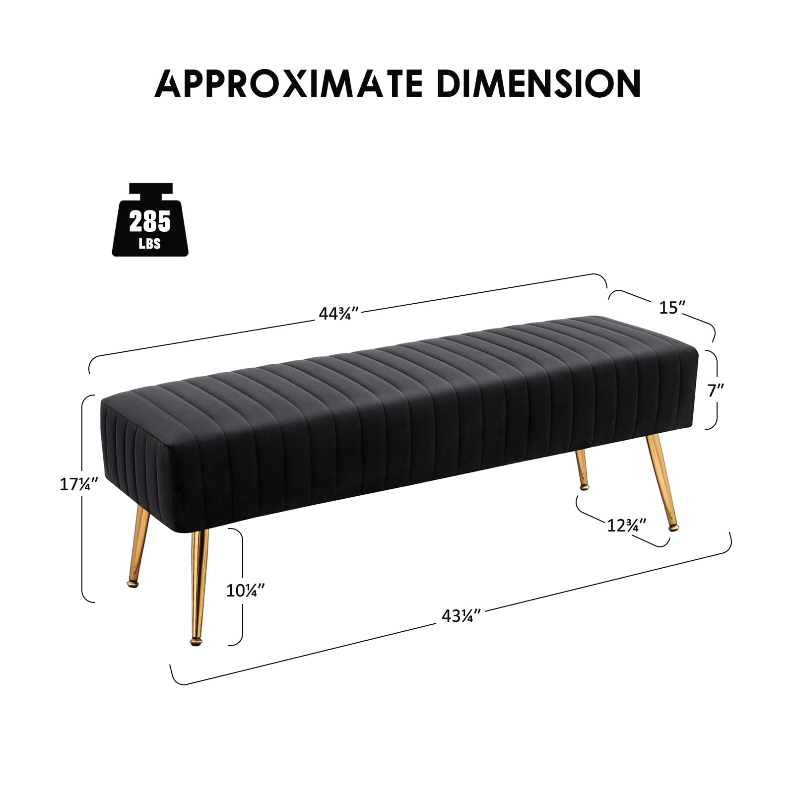 Furniliving 44 Inch Upholstered Tufted Striped Fabric Ottoman Bench with X-Shaped Metal Legs - Solid Wood Bedroom Bench for Living Room, Entryway, Foyer - Perfect for Seating, Storage & Home Decor (Black)