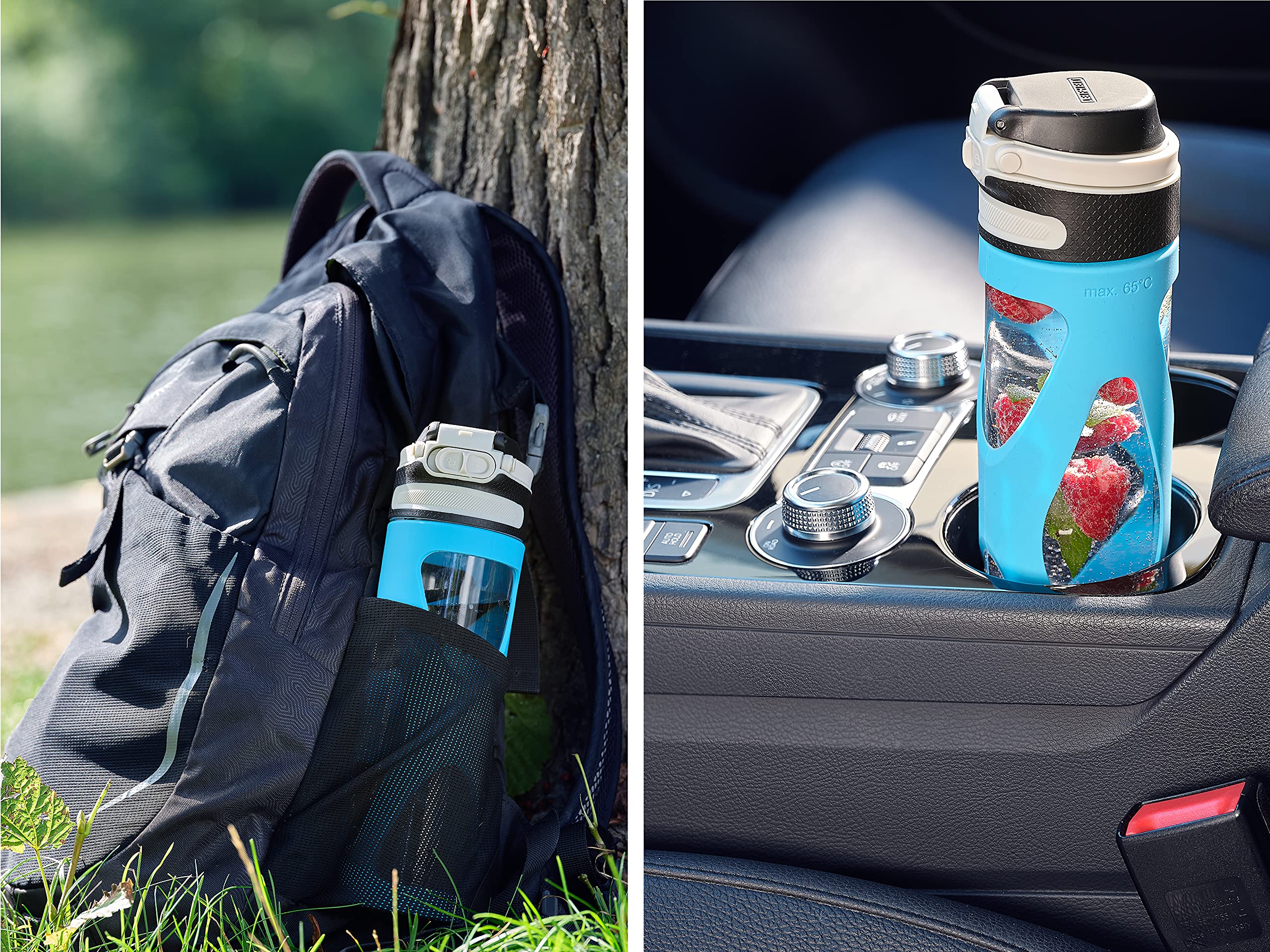 Leifheit 600ml Glass Flip Water Bottle - BPA-Free, Shockproof, 100% Leak Proof, One-Hand Operation with Fruit Infuser Filter | Sustainable Reusable Sports Bottle for Gym, Hiking & Daily Hydration (Water Blue)