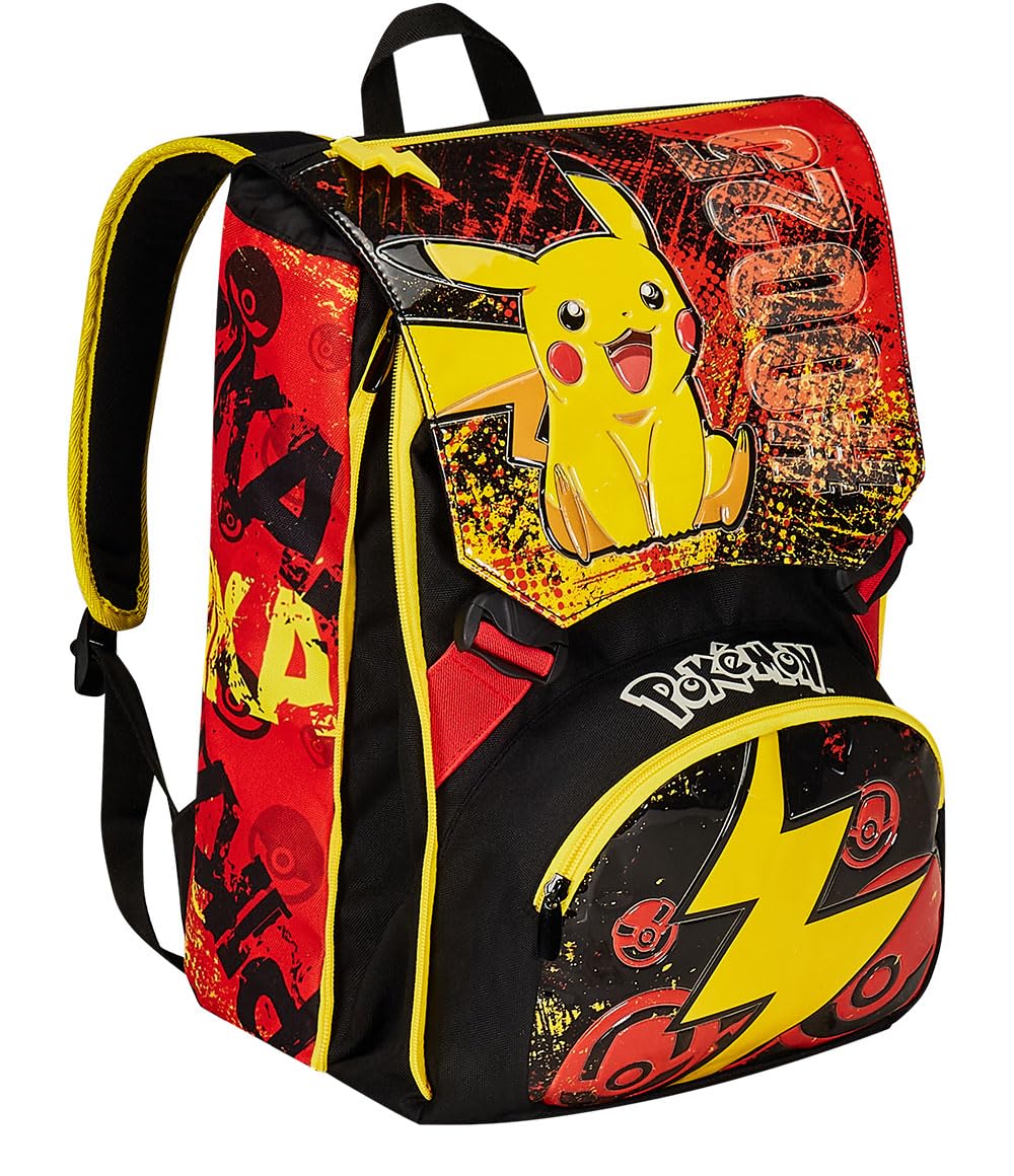 Pokemon Pikachu Backpack for Kids - Yellow & Red, Expandable with Double Compartments & Water Bottle Pocket - Perfect for School & Travel