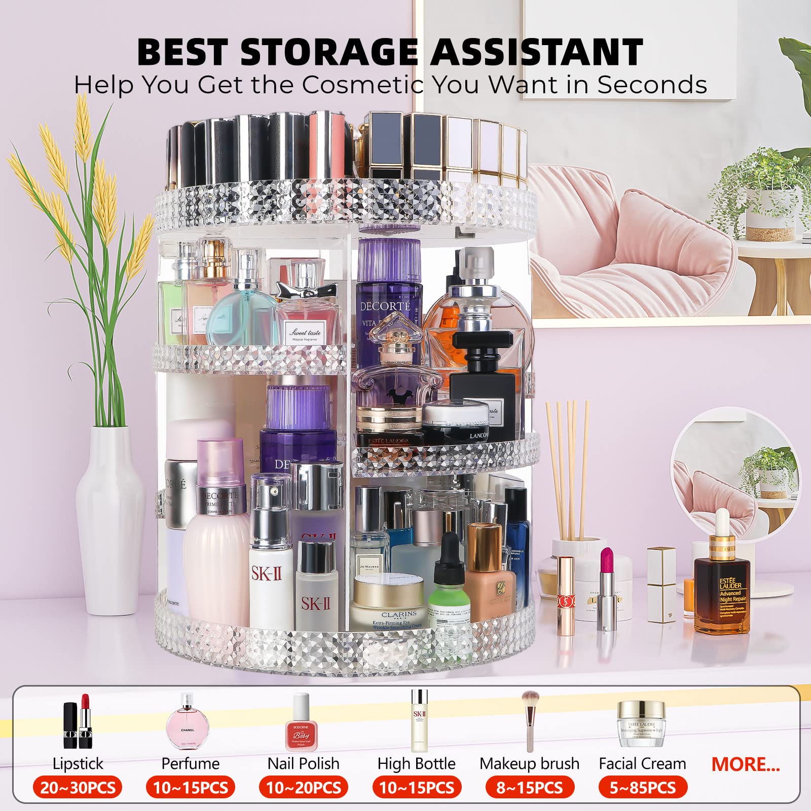 360 Degree Rotating Makeup Organizer with 7 Removable Layers - Extra Large Capacity Cosmetic & Perfume Storage - Clear Vanity Display Case for Bathroom, Bedroom & Dressing Table Organization