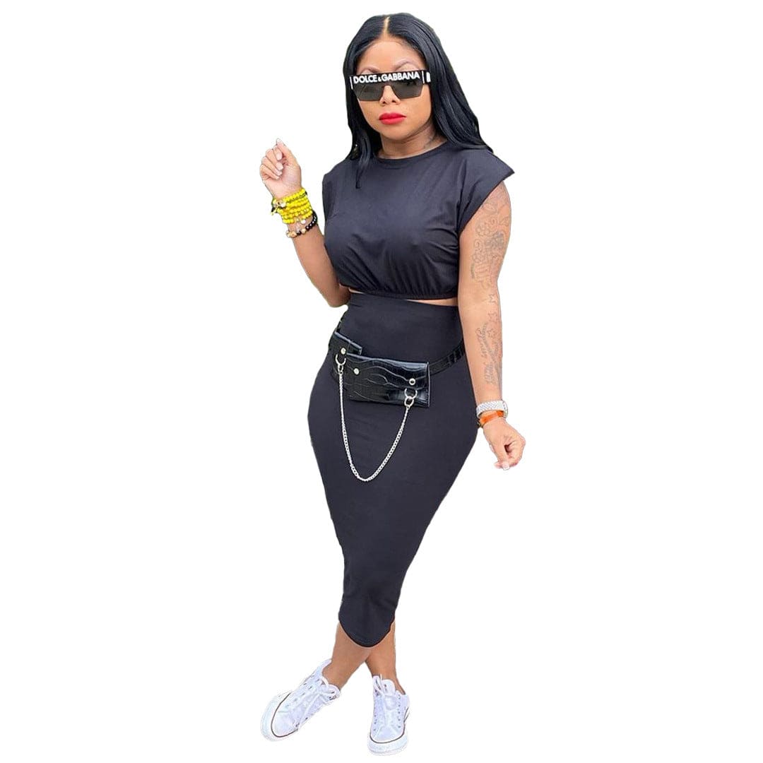 Lovevop Women's Casual Sleeveless Shoulder Pad T-Shirt & Tight Skirt 2-Piece Outfit Set F2941 - Perfect for Summer, Dating, and Office Wear