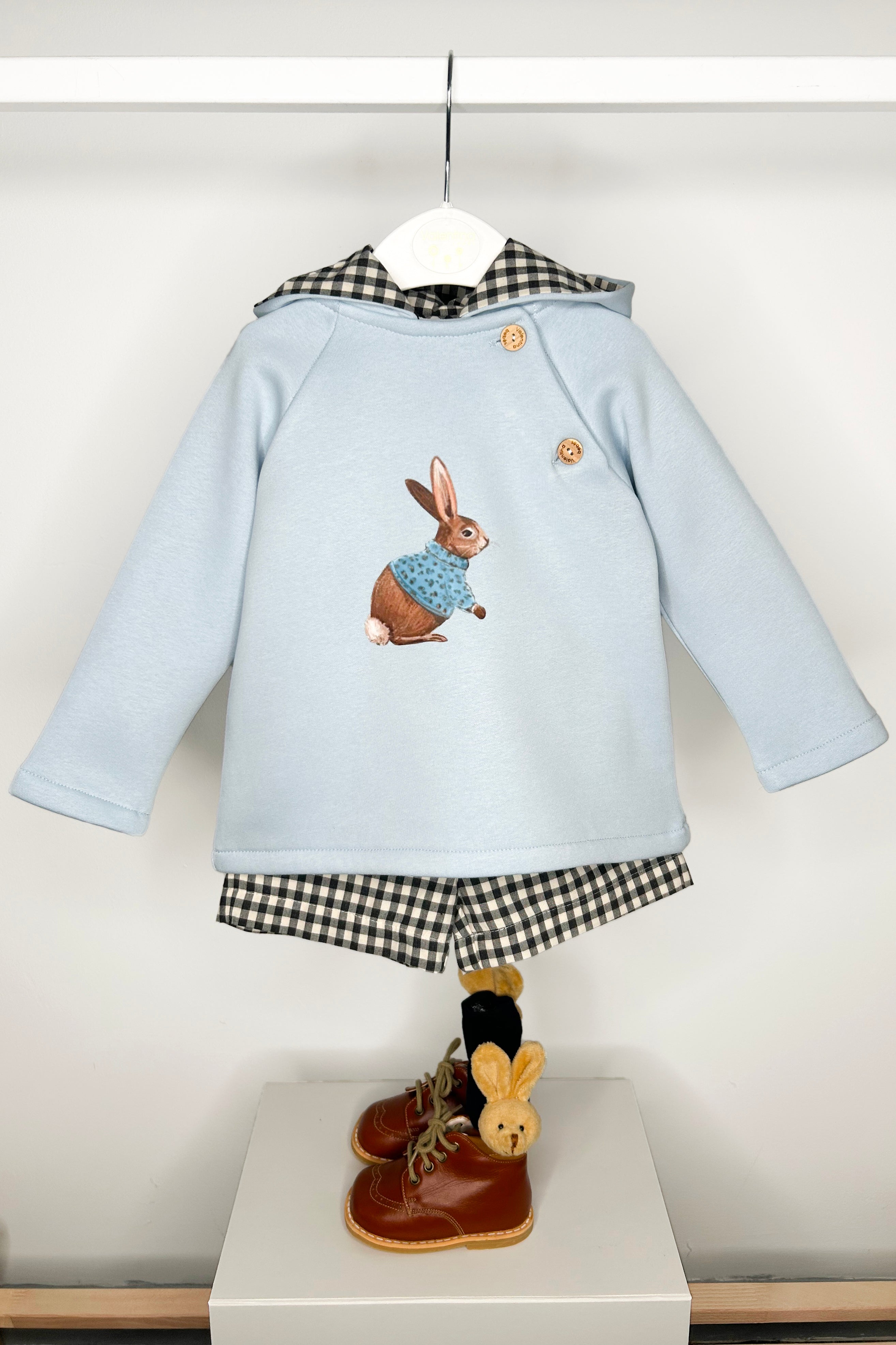 Nash Light Blue Bunny Hoodie & Black Gingham Shorts - Cute Matching Outfit for Women | Perfect for Spring, Easter, Casual Wear & Photoshoots