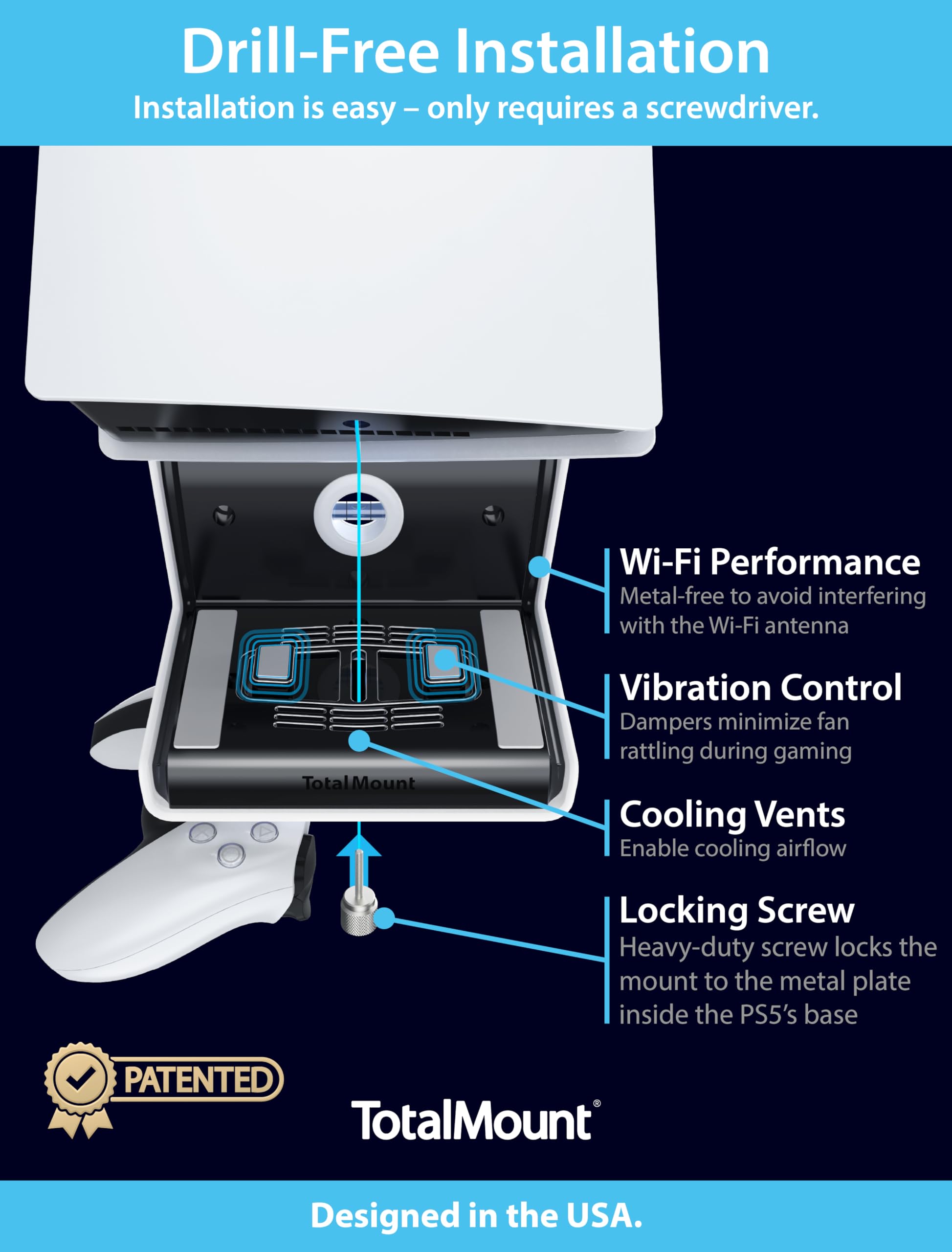 TotalMount Universal PS5 Wall Mount – Holds 2 Controllers | Compatible with All PS5 Models (Slim, Pro, Original) | Perfect for Gaming Room & Living Room Organization