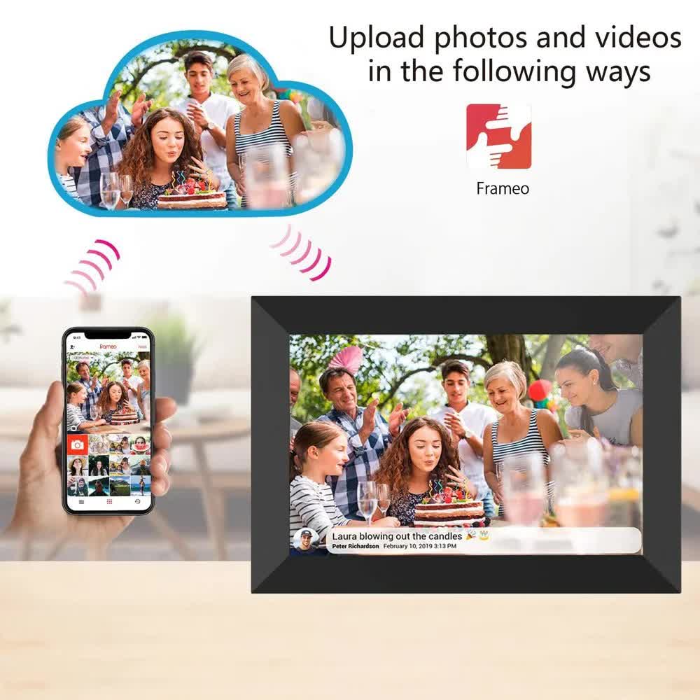 10.1 Inch WiFi Digital Photo Frame with Wooden Frame - 16GB Storage, IPS Touchscreen, App Remote Sharing - Perfect for Home, Office & Gift Giving