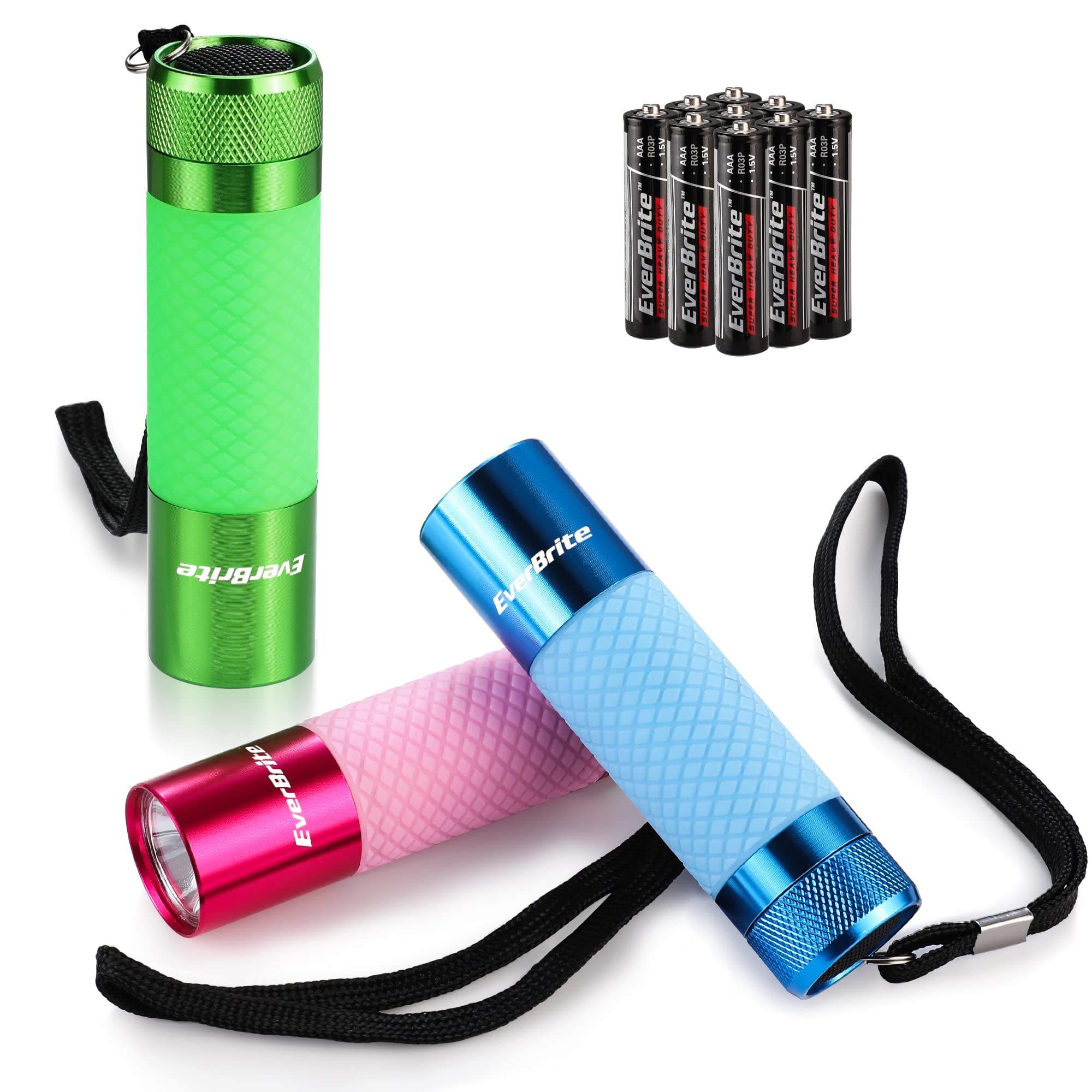 EverBrite 3-Pack Mini LED Flashlights - Glow in The Dark, Aluminum, Assorted Colors (9 AAA Batteries Included) - Perfect for Camping, Hiking, Emergency Kits & Indoor Use