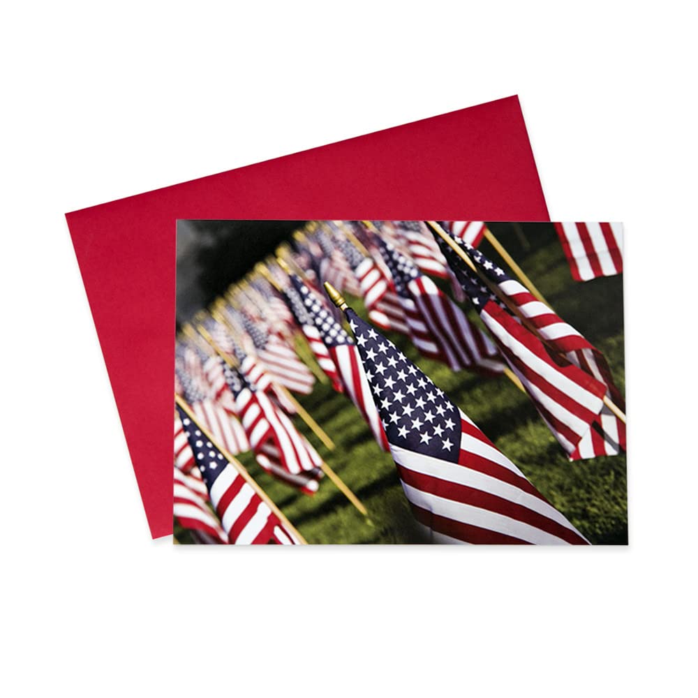 4th of July Greeting Cards with American Flags Design - 5x7 Inches, Pack of 25 Cards & 26 Red Envelopes (LOTF100) - Perfect for Independence Day Celebrations, Patriotic Gifts, and Holiday Mailings